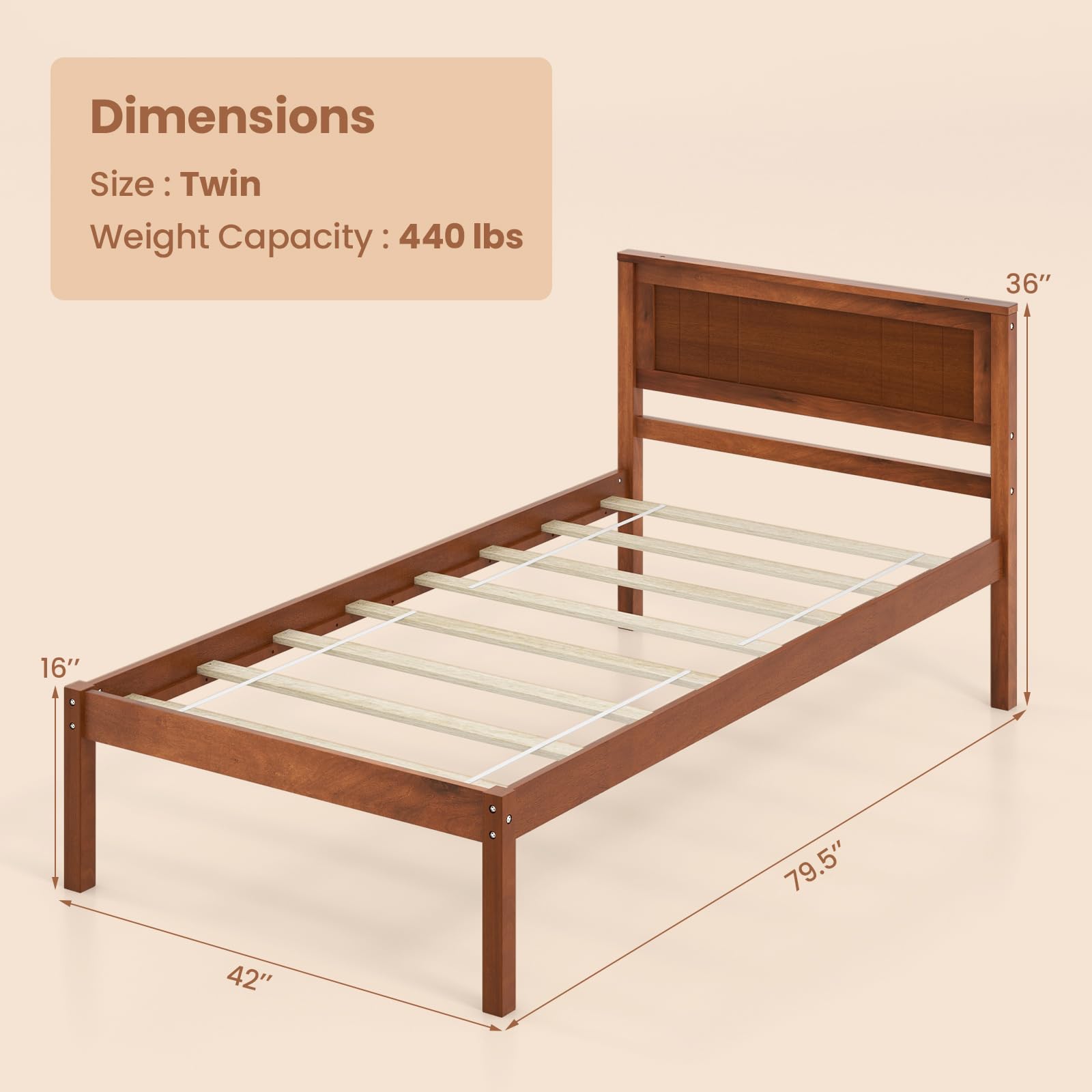 KOMFOTT Wooden Platform Bed Frame with Headboard & Wood Slat Support