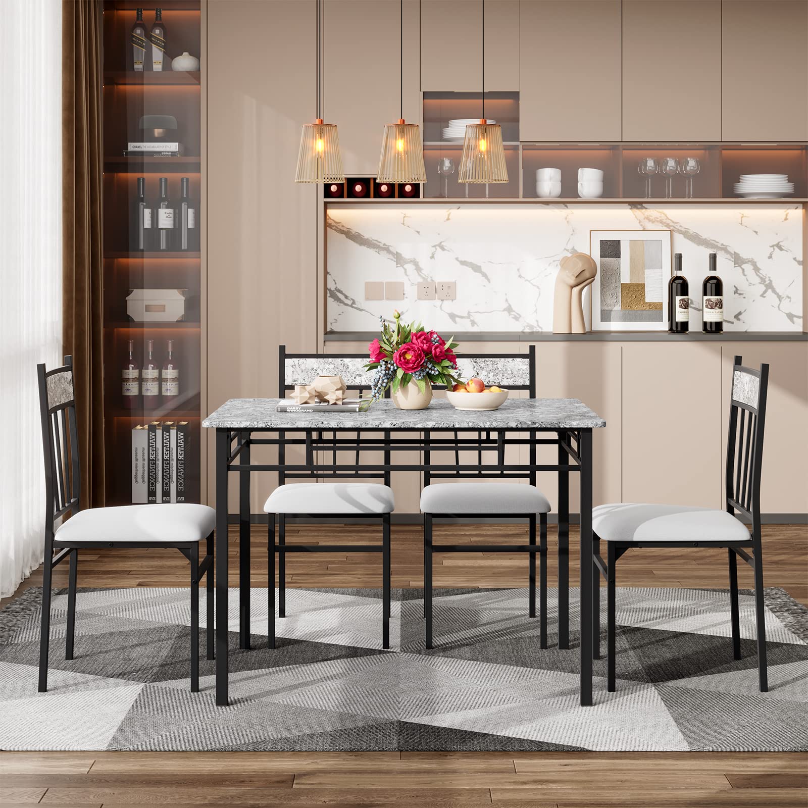 KOMFOTT 5 Piece Dining Table Set, Modern Rectangular Dining Table & Upholstered Chair Set w/Marble Tabletop