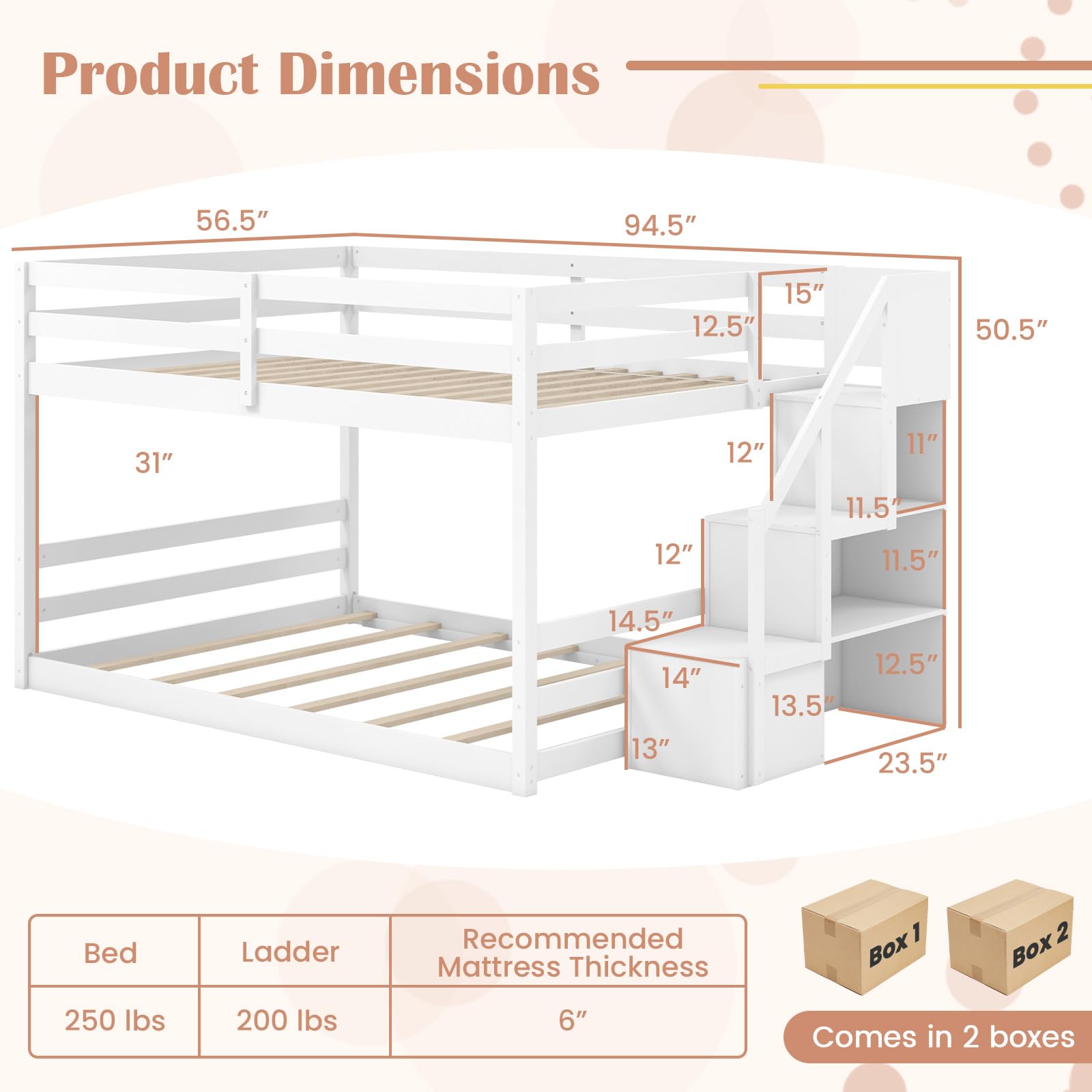 KOMFOTT Bunk Bed with Stairs, Solid Wood Floor Bunk Bed with Storage Staircase & Full-Length Guardrails