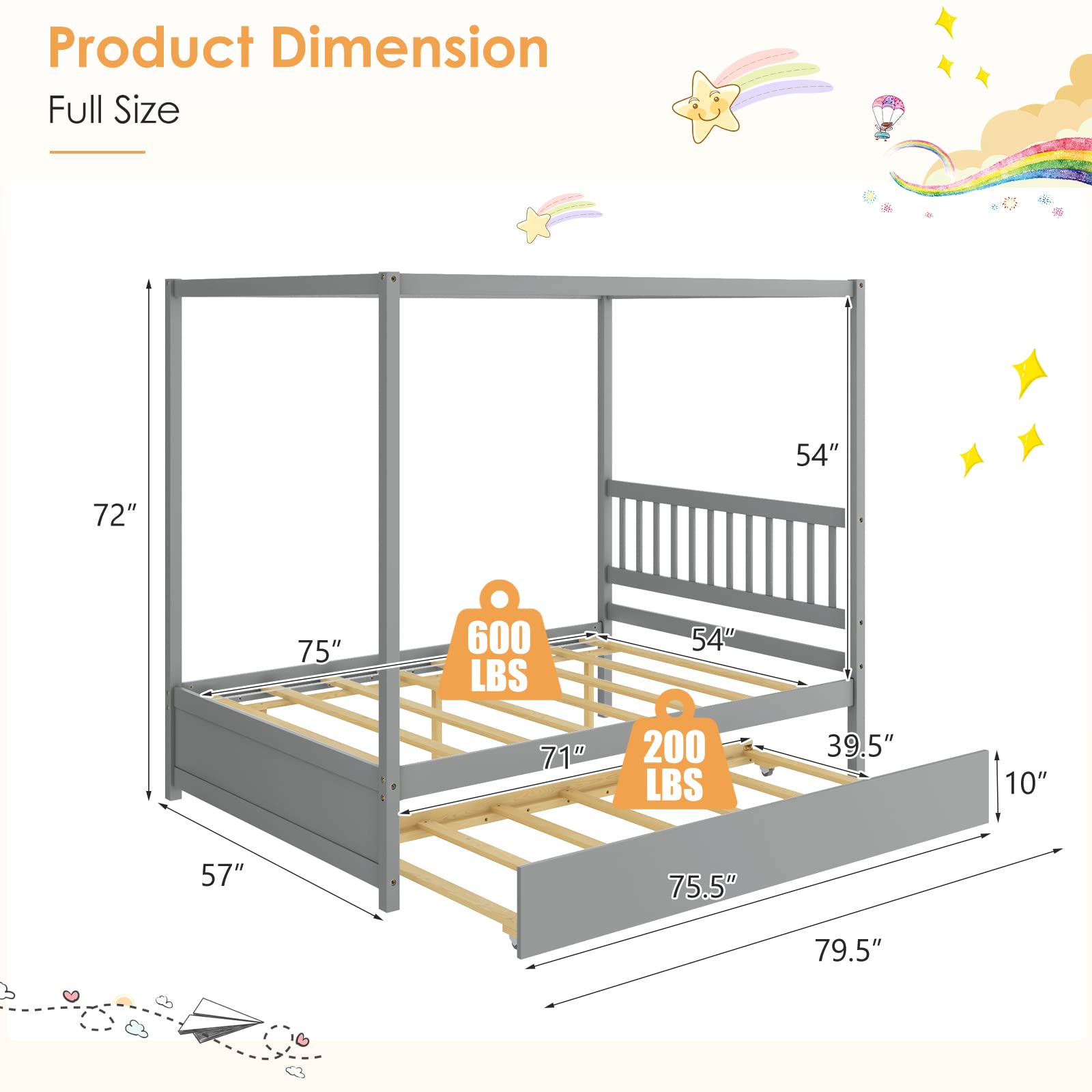 KOMFOTT Wood Canopy Bunk Bed with Trundle, Full Size Solid Wood Platform Bed with Headboard