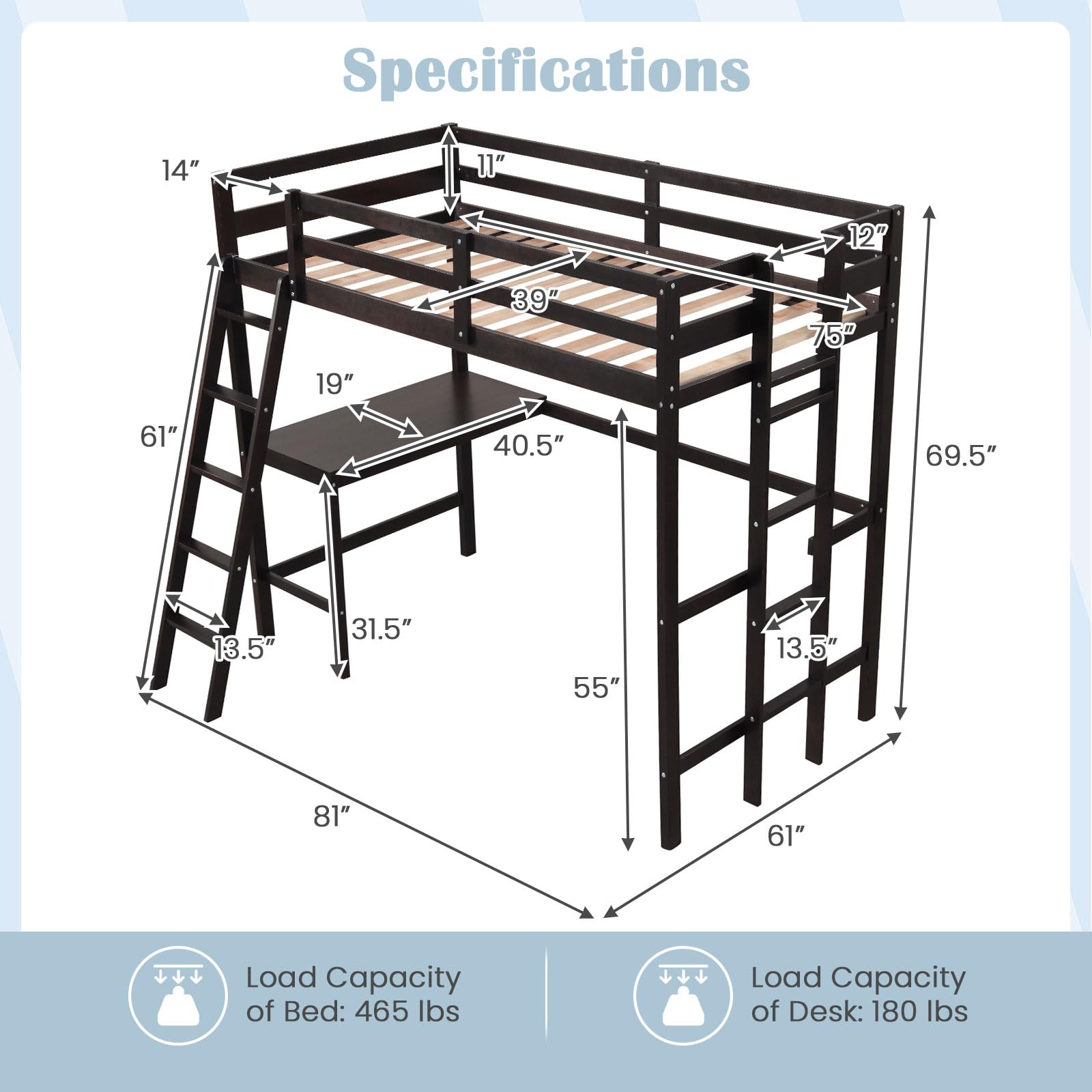 KOMFOTT Twin Size Wood Loft Bed with Desk, 2 Ladders, Full Length Guardrail for Kids Teens Adults