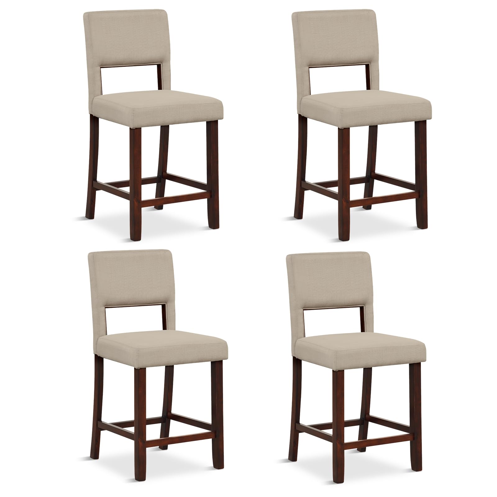 KOMFOTT 24.5" Counter Height Bar Stools Set of 2, Linen Barstools with Back, Rubber Wood Legs