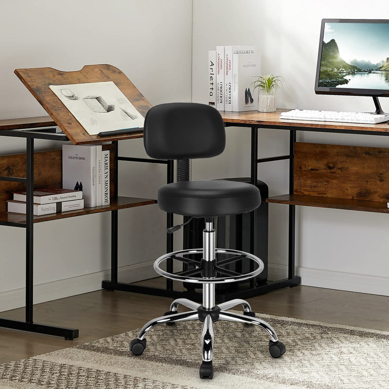 KOMFOTT PU Leather Drafting Chair, Tall Office Chair with Retractable Mid Back, Standing Desk Chair with Adjustable Foot Ring