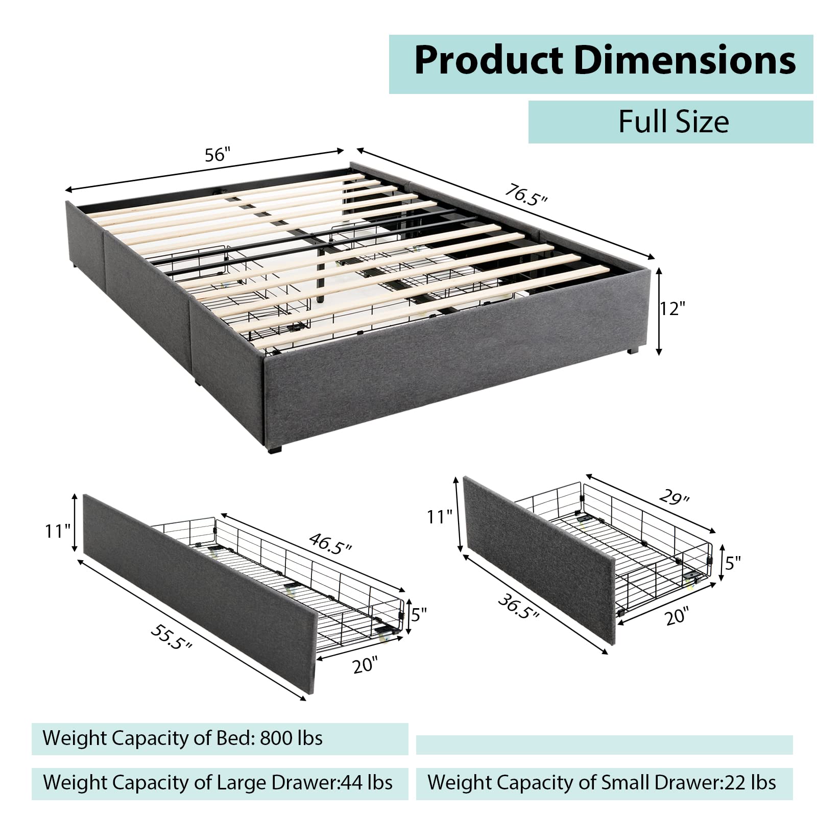 KOMFOTT  Full Size Bed Frame with 3 Drawers, Fabric Upholstered Platform Bed