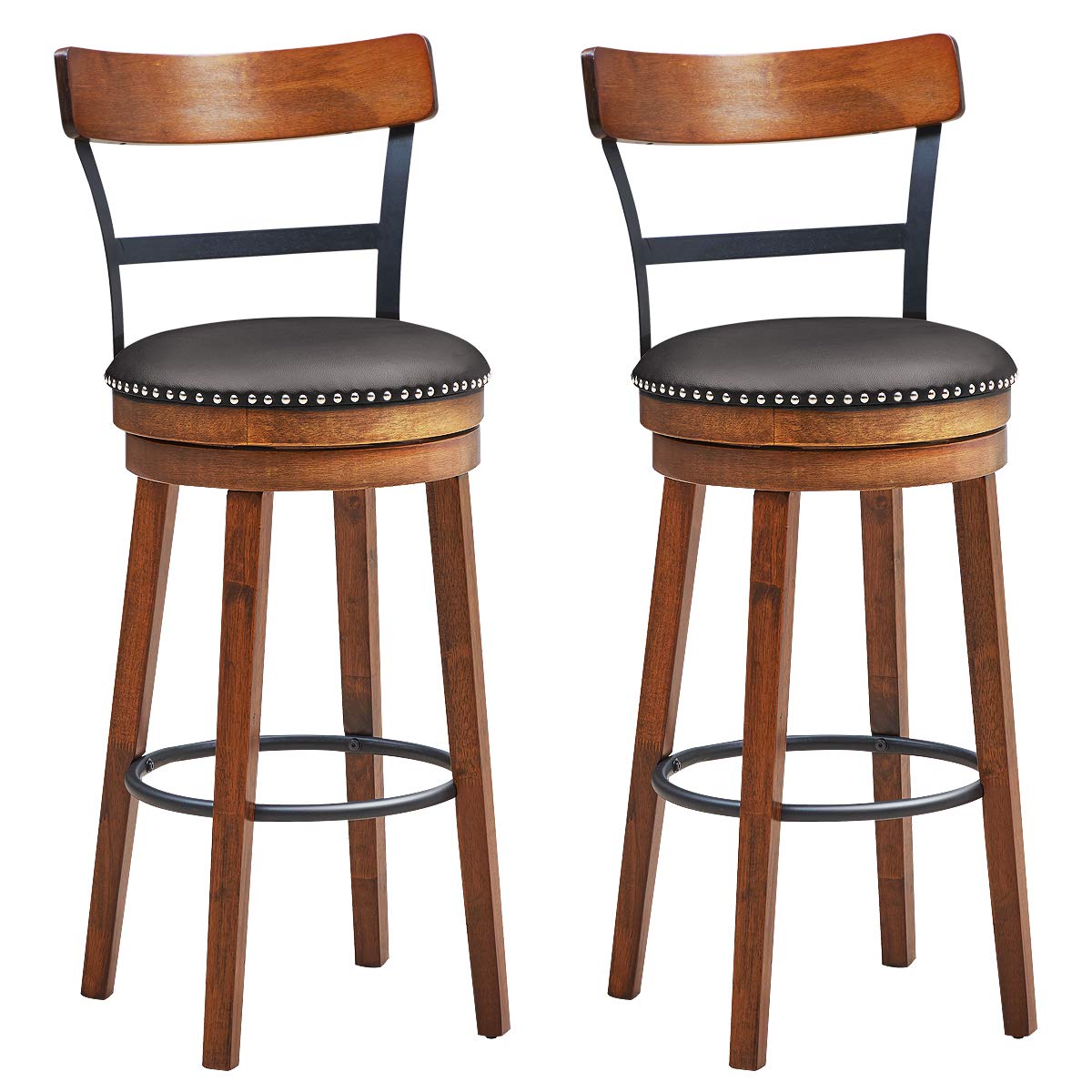 KOMFOTT Bar Stools Set of 1/2/4, 360-Degree Swivel Stools with Leather Padded Seat, Single Slat Ladder Back & Solid Rubber Wood Legs