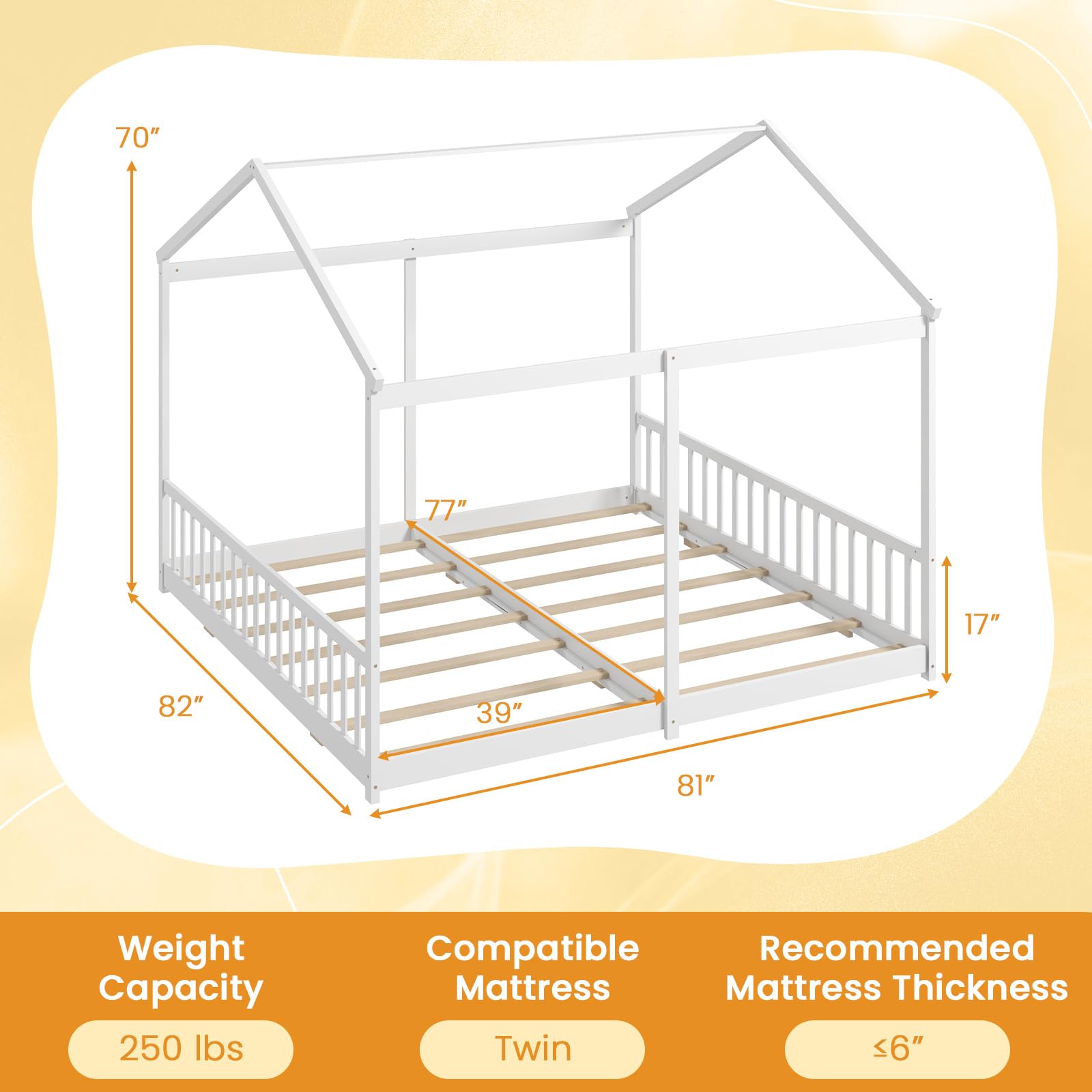 KOMFOTT Double Twin Floor Beds for 2 Kids, Wood Twin Size House Beds with Safety Guardrails