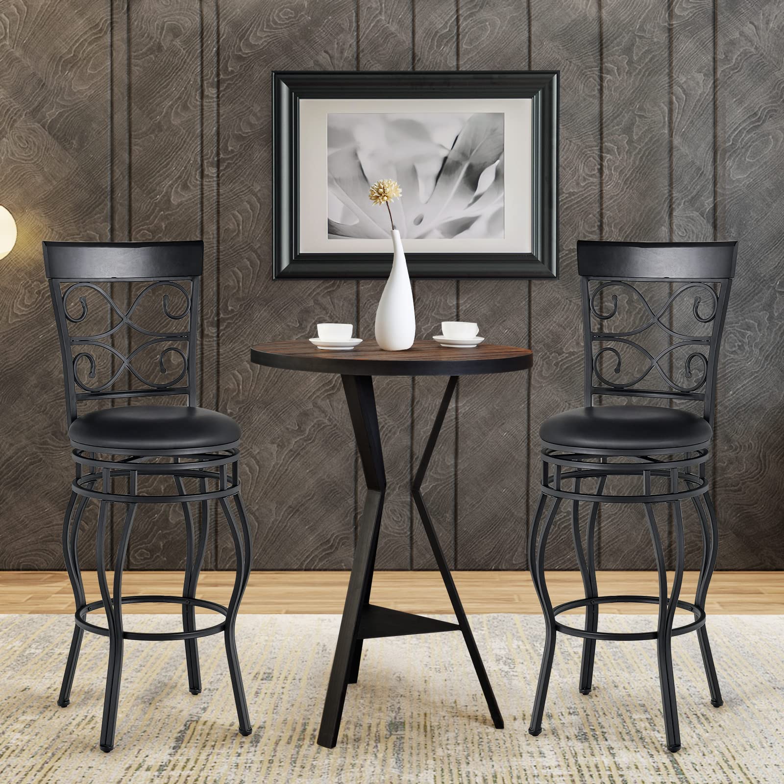 KOMFOTT Bar Stools Set of 2/4, 360 Degree Swivel, 26" & 30" Bar Height Bar Stools, Leather Padded Seat