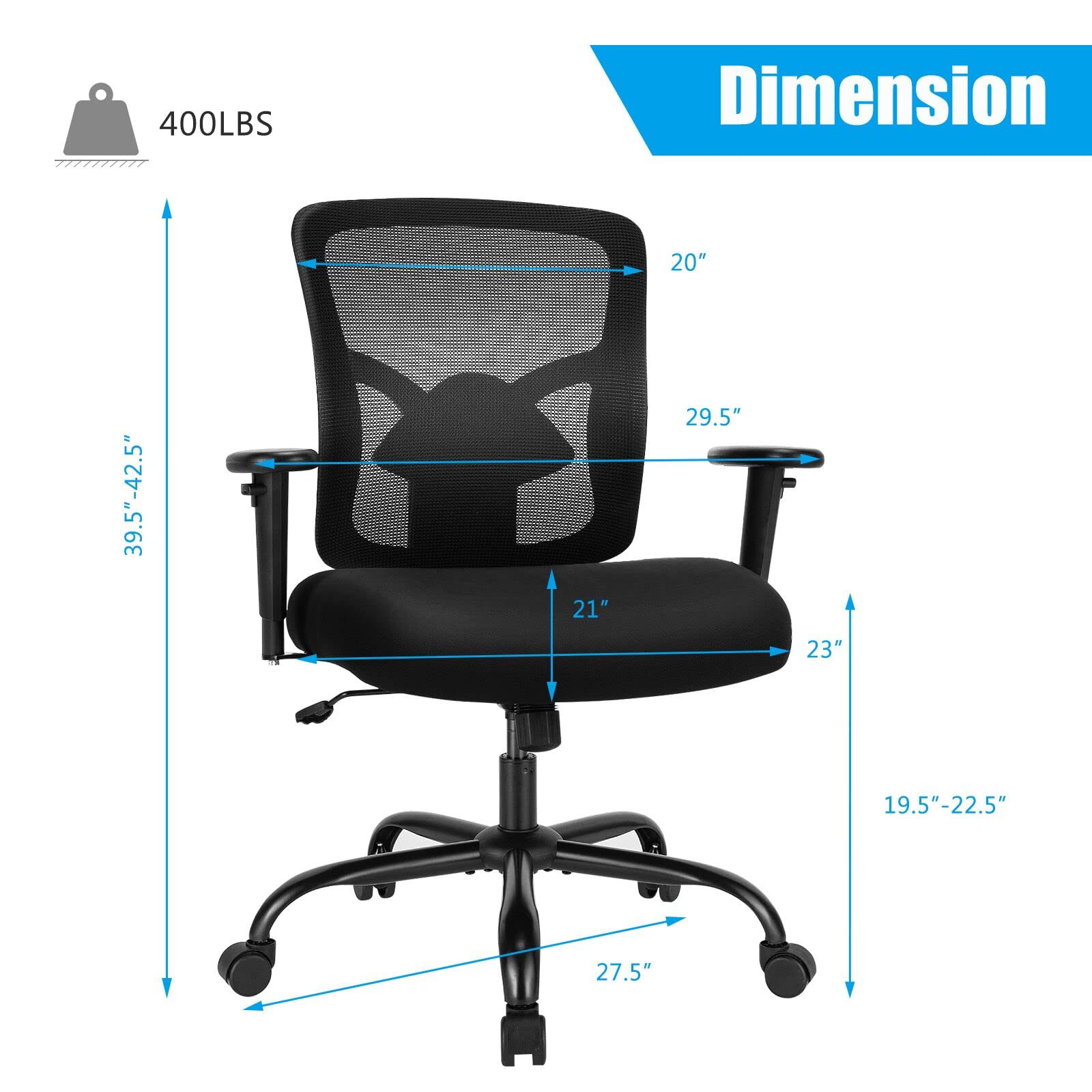 KOMFOTT Mesh Office Computer Chair, 400 lbs Big and Tall Ergonomic Executive Chair with Adjustable Height and Armrest, Lumbar Support