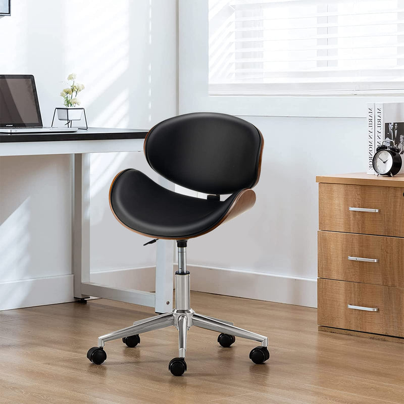 KOMFOTT Mid-Century Home Desk Chair, Faux Leather Armless Office Chair w/Curved Bentwood Seat & Height Adjustable