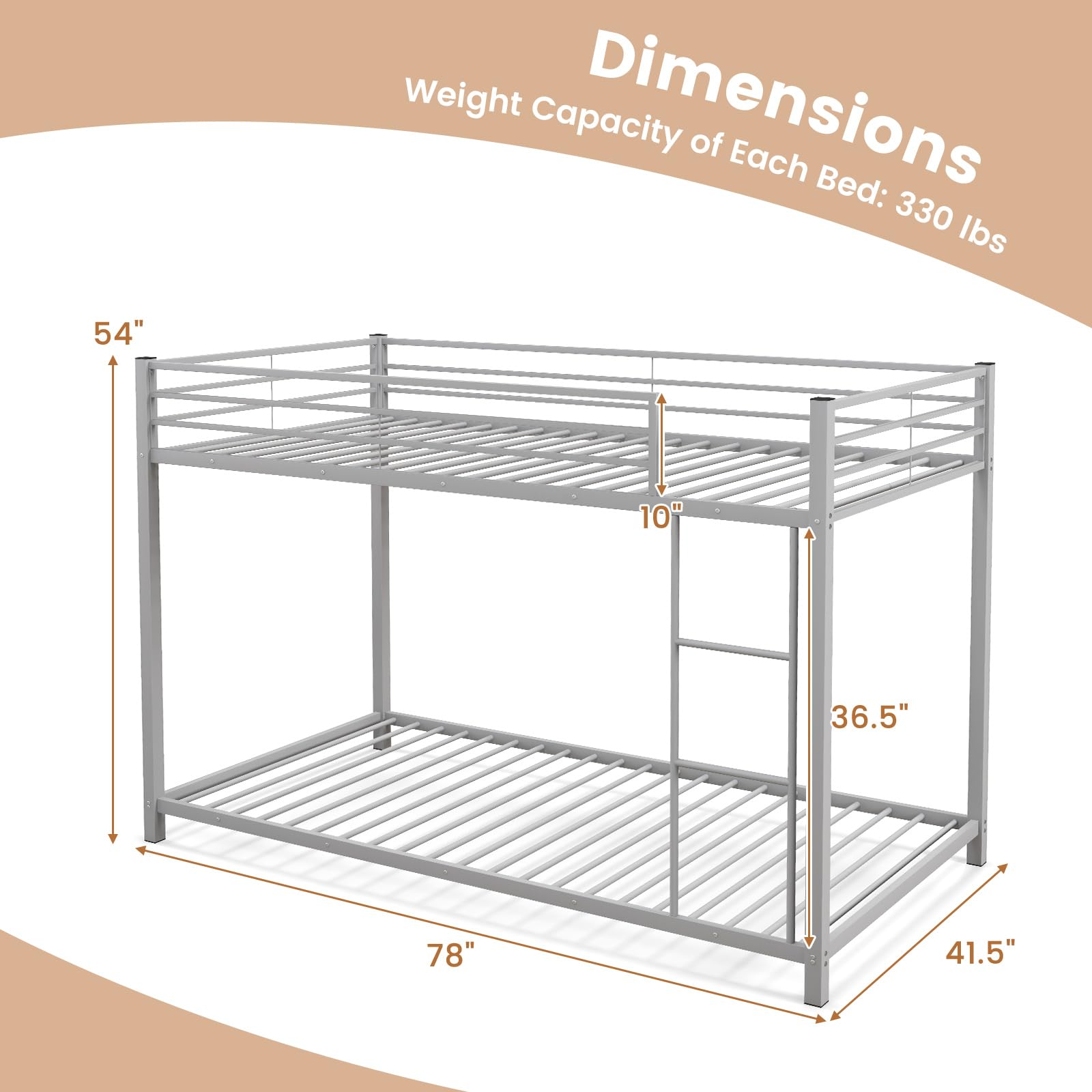 KOMFOTT Twin Over Twin Metal Low Floor Bunk Bed with Safety Guard Rail & Ladder