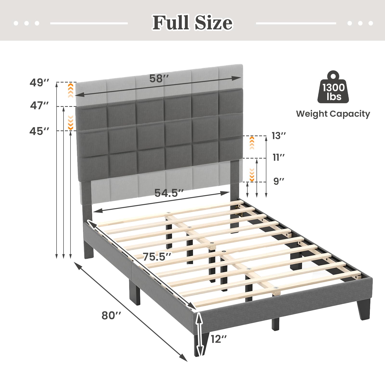 KOMFOTT Linen Fabric Upholstered Bed Frame with Adjustable Headboard & Wooden Slat Support