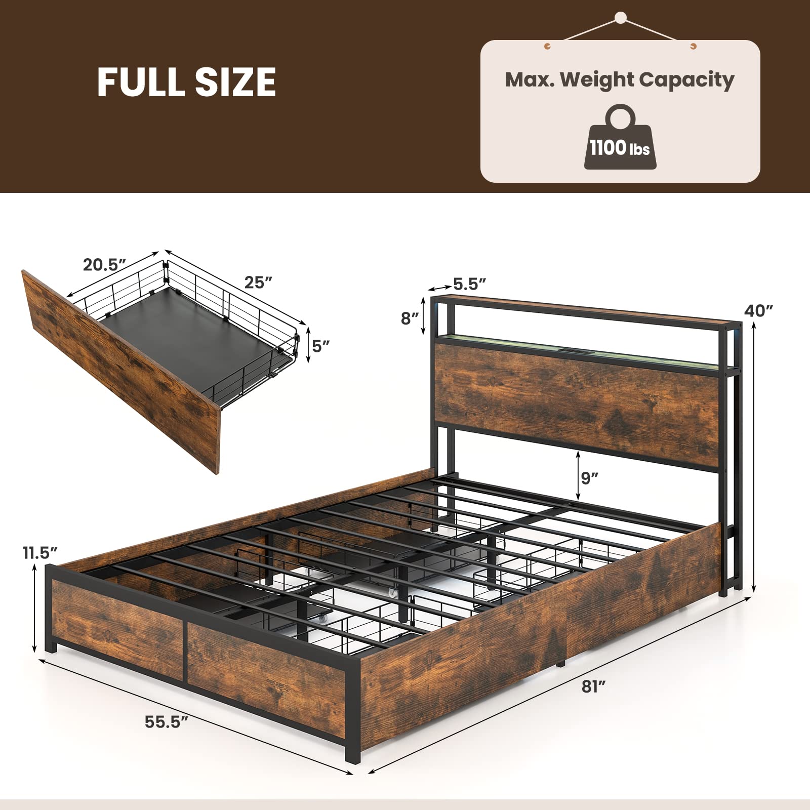 KOMFOTT Metal Bed Frame with LED Lights Headboard and 4 Storage Drawers, Outlets and USB Ports Charging Station