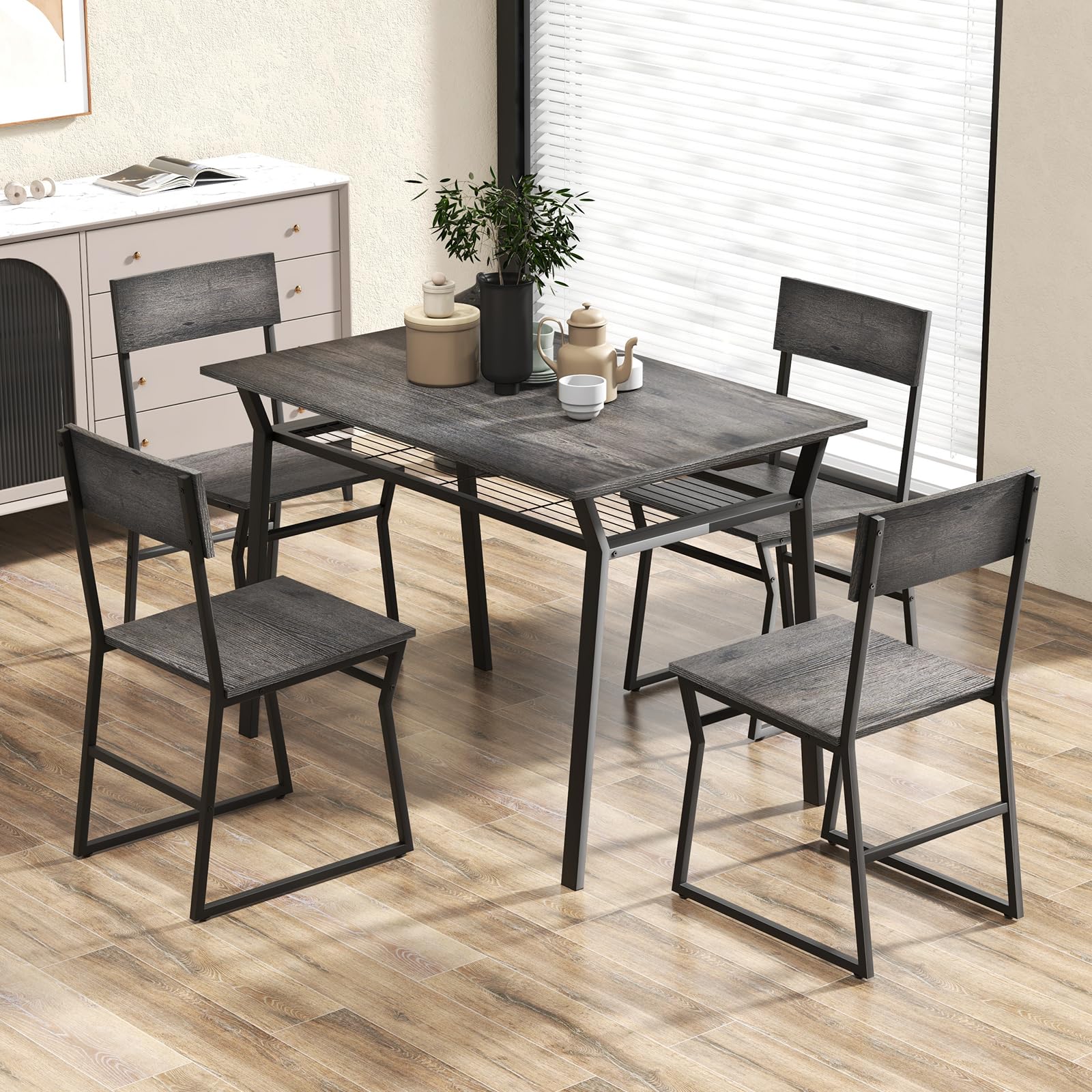 KOMFOTT Dining Table Set for 4, 47”L x 28”W Rectangular Kitchen Table w/ 4 Trapezoid Chairs, Reinforced Metal Frame & Storage Rack