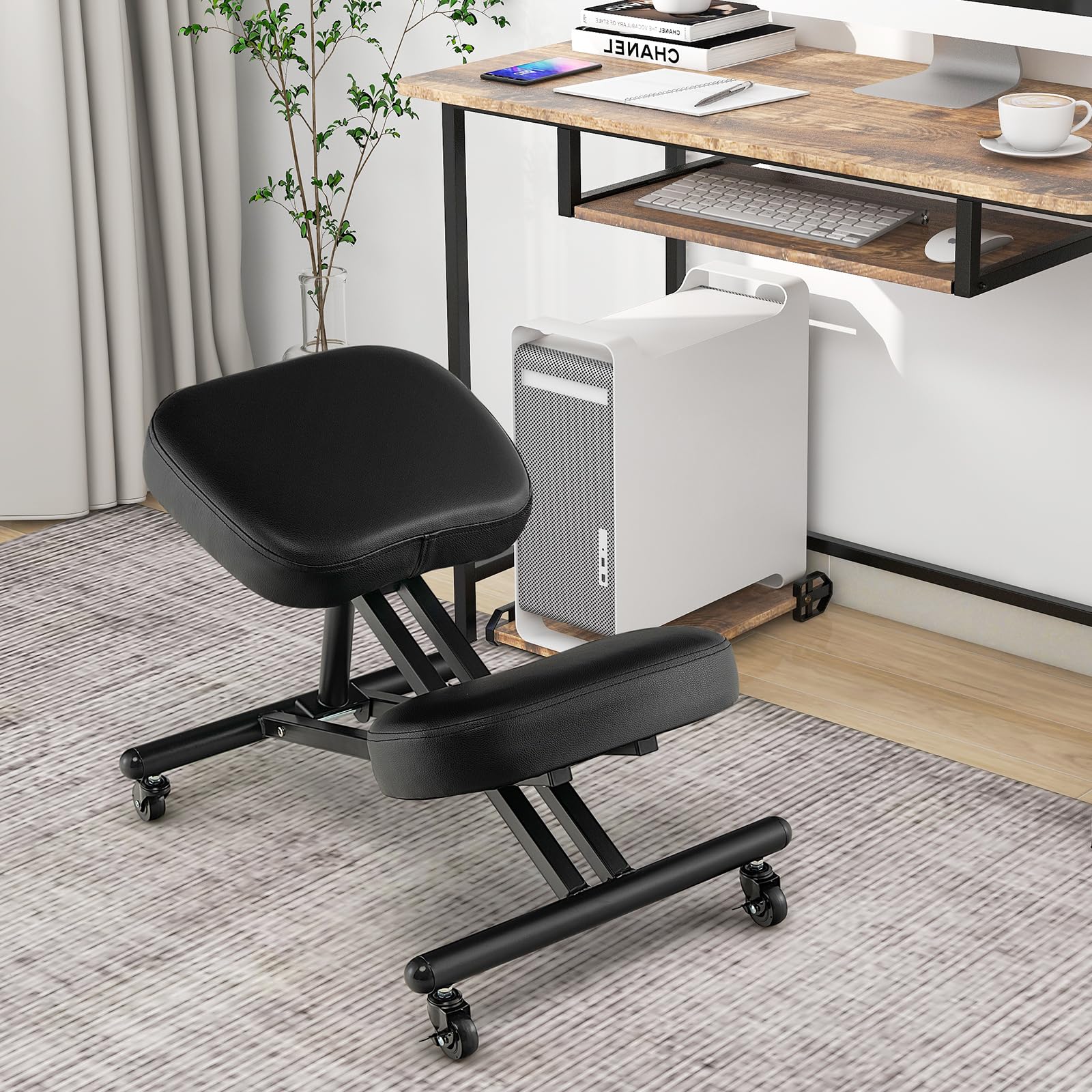 KOMFOTT PU Leather Height Adjustable Kneeling Chair with Smooth Wheels, Foam Padded Cushions