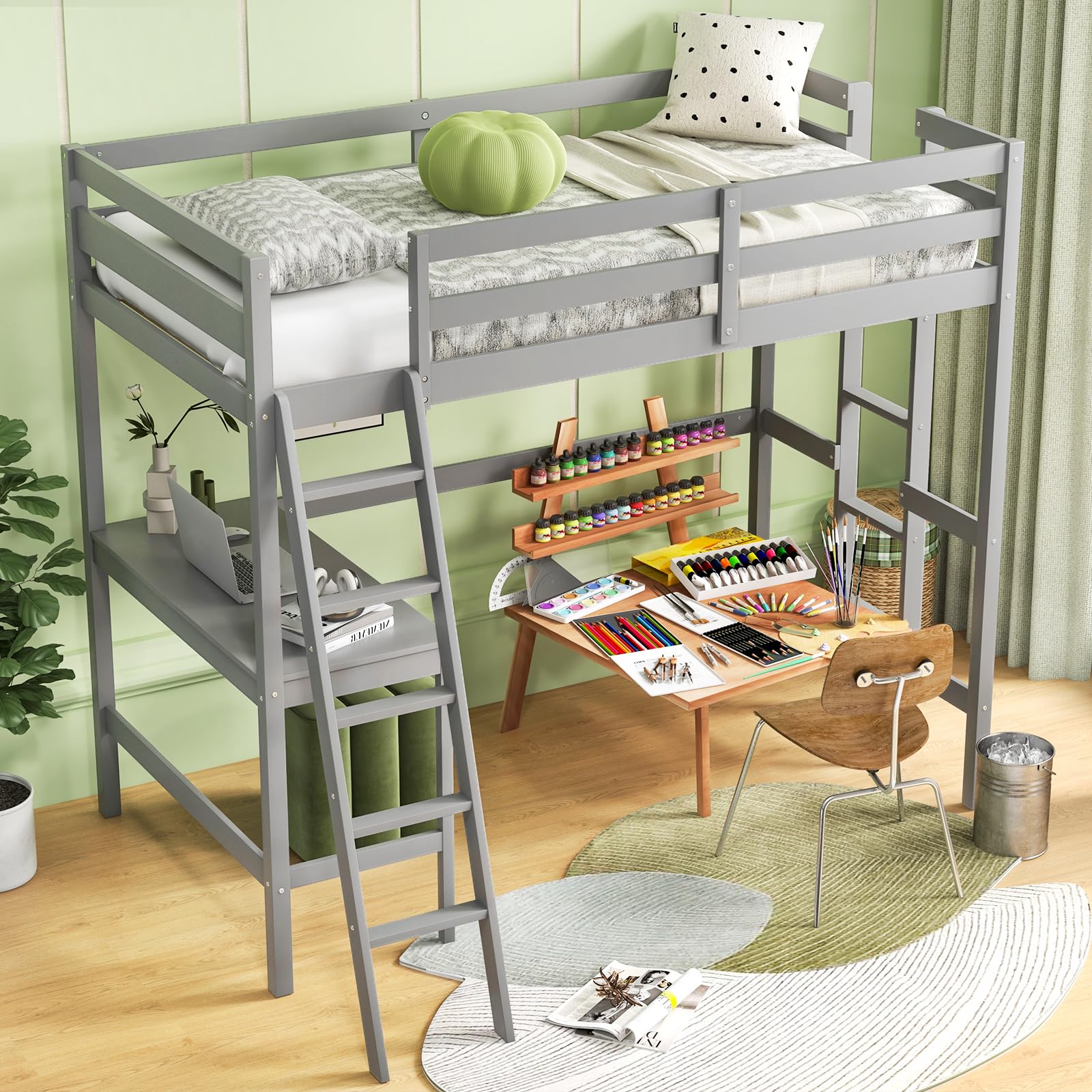 KOMFOTT Twin Size Wood Loft Bed with Desk, 2 Ladders, Full Length Guardrail for Kids Teens Adults