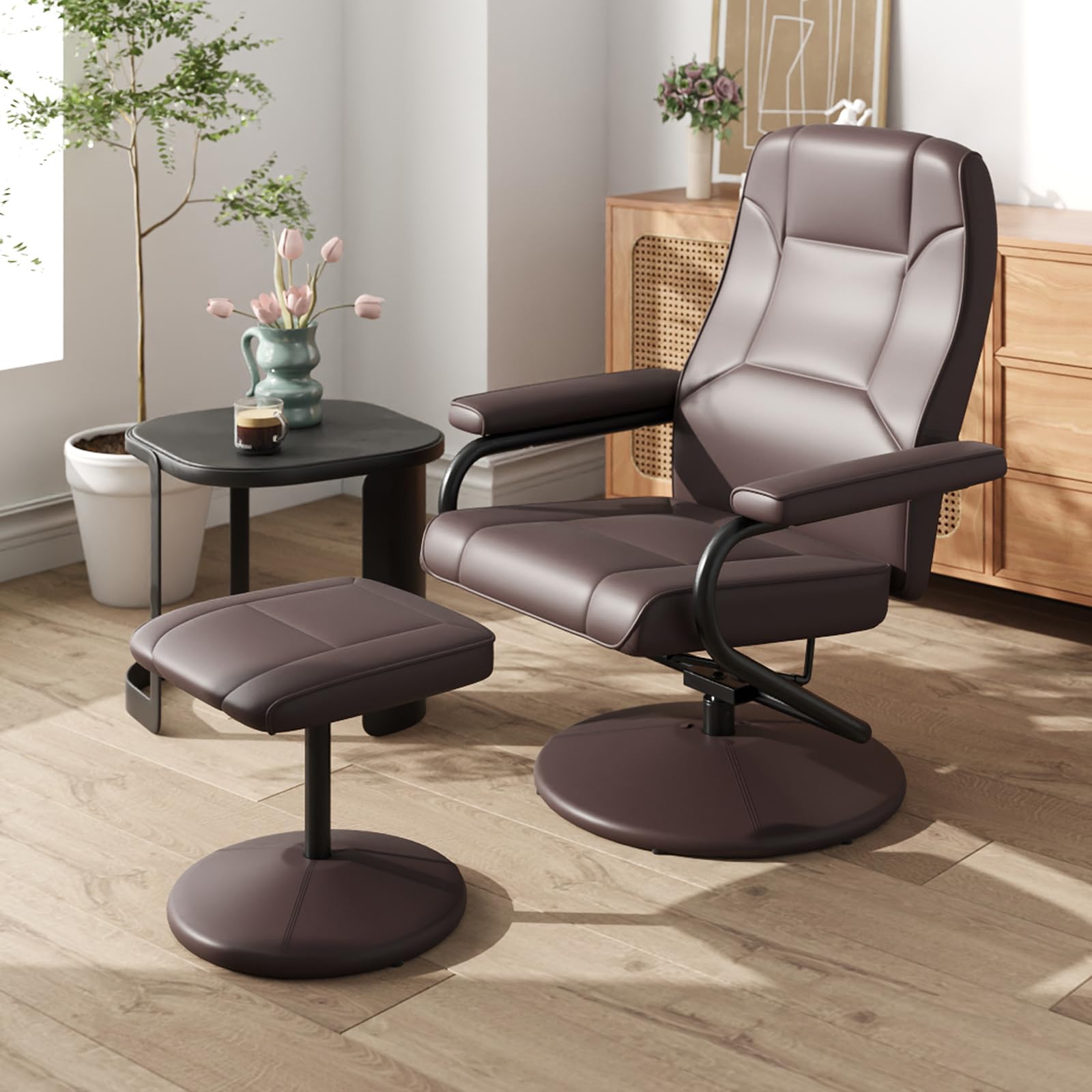 KOMFOTT Recliner Chair with Ottoman, 360° Swivel Faux Leather Reclining Chair w/Adjustable Backrest, Footrest