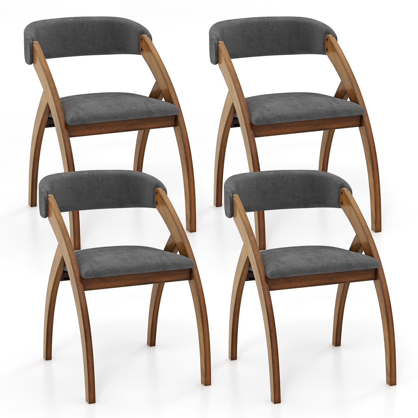 KOMFOTT Wooden Dining Chairs Set of 2/4, Upholstered Kitchen Chairs w/Arched Rubber Wood Legs, Padded Cushion & Curved Back