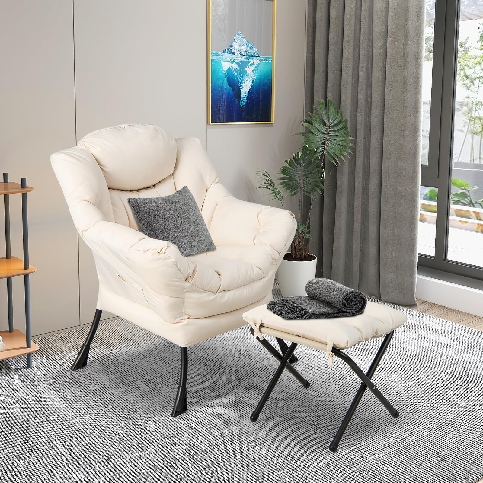 KOMFOTT Lazy Sofa Chair with Ottoman, Leisure Upholstered Reading Chair with Armrests & Side Pocket