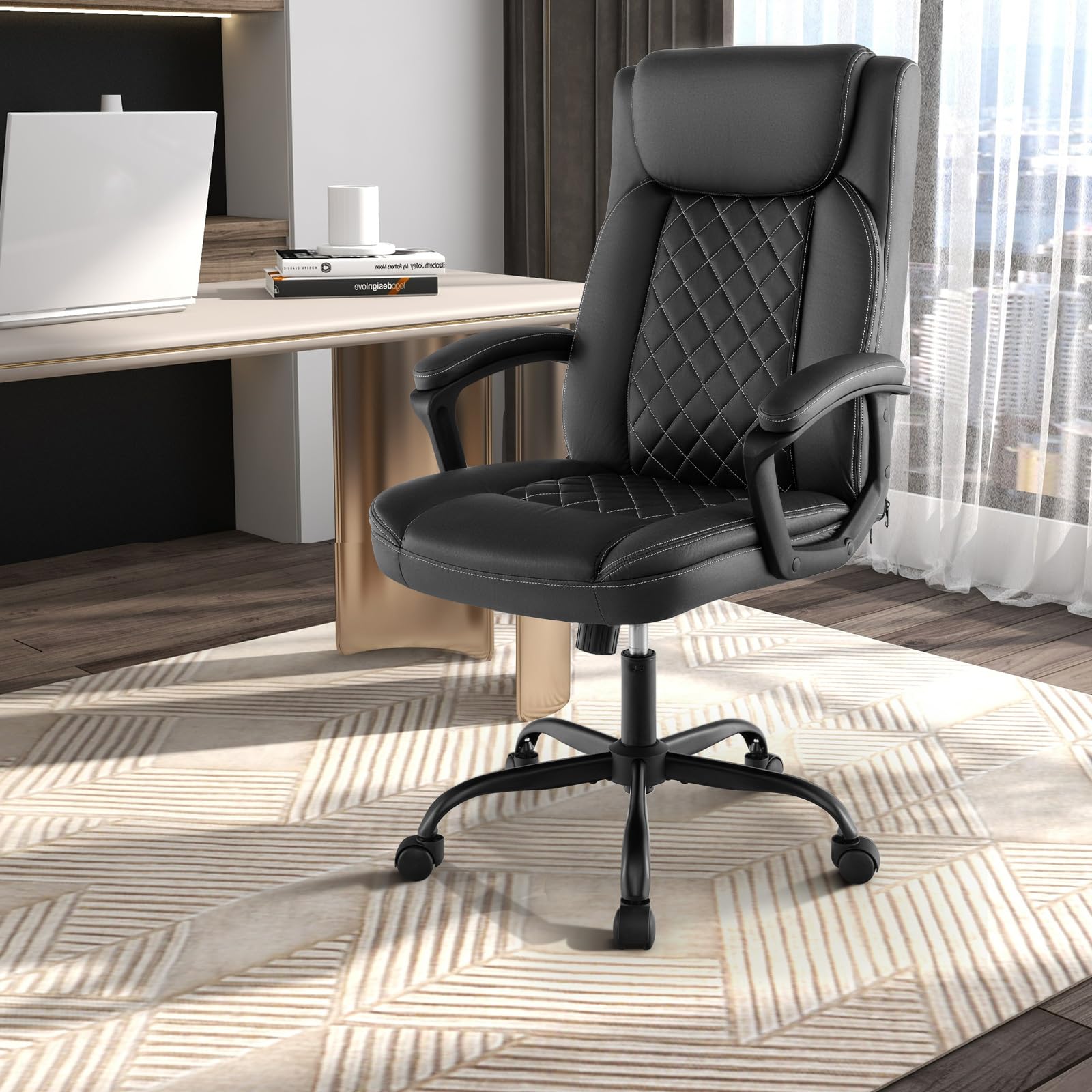 KOMFOTT Executive Office Chair, Leather Like Desk Chair with Thick Headrest Cushion & Padded Armrests