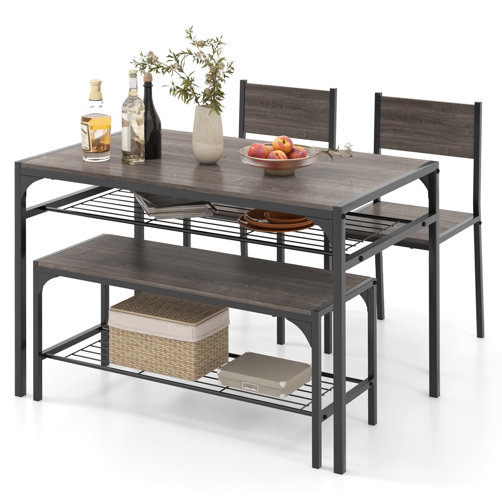 KOMFOTT 4 Pieces Dining Table Set, Kitchen Table and 2 Chairs for 4 with Bench, Storage Racks