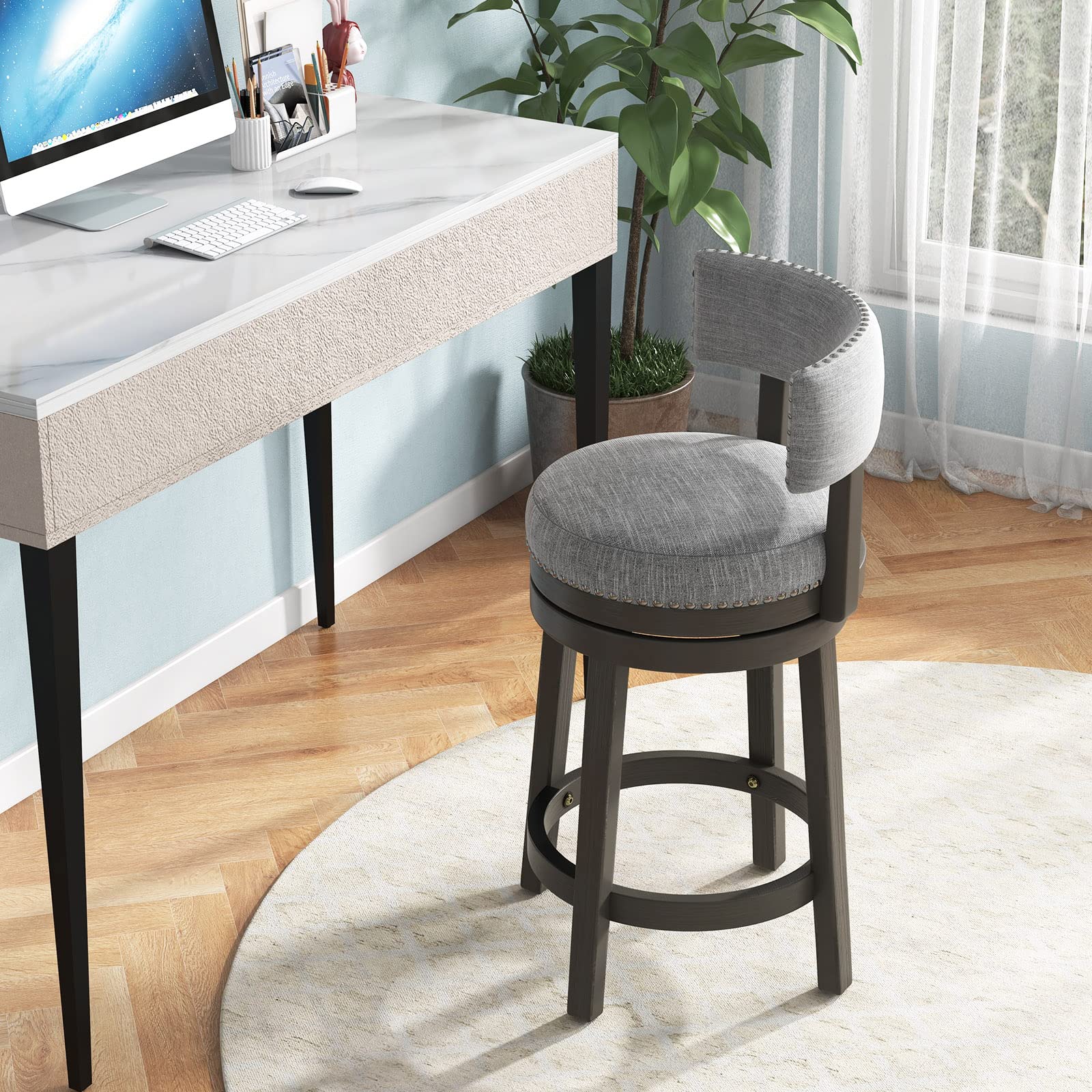 KOMFOTT Bar Stool, Modern 360° Swivel Barstool with Upholstered Back & Seat, Solid Rubber Wood Legs & Round Footrest