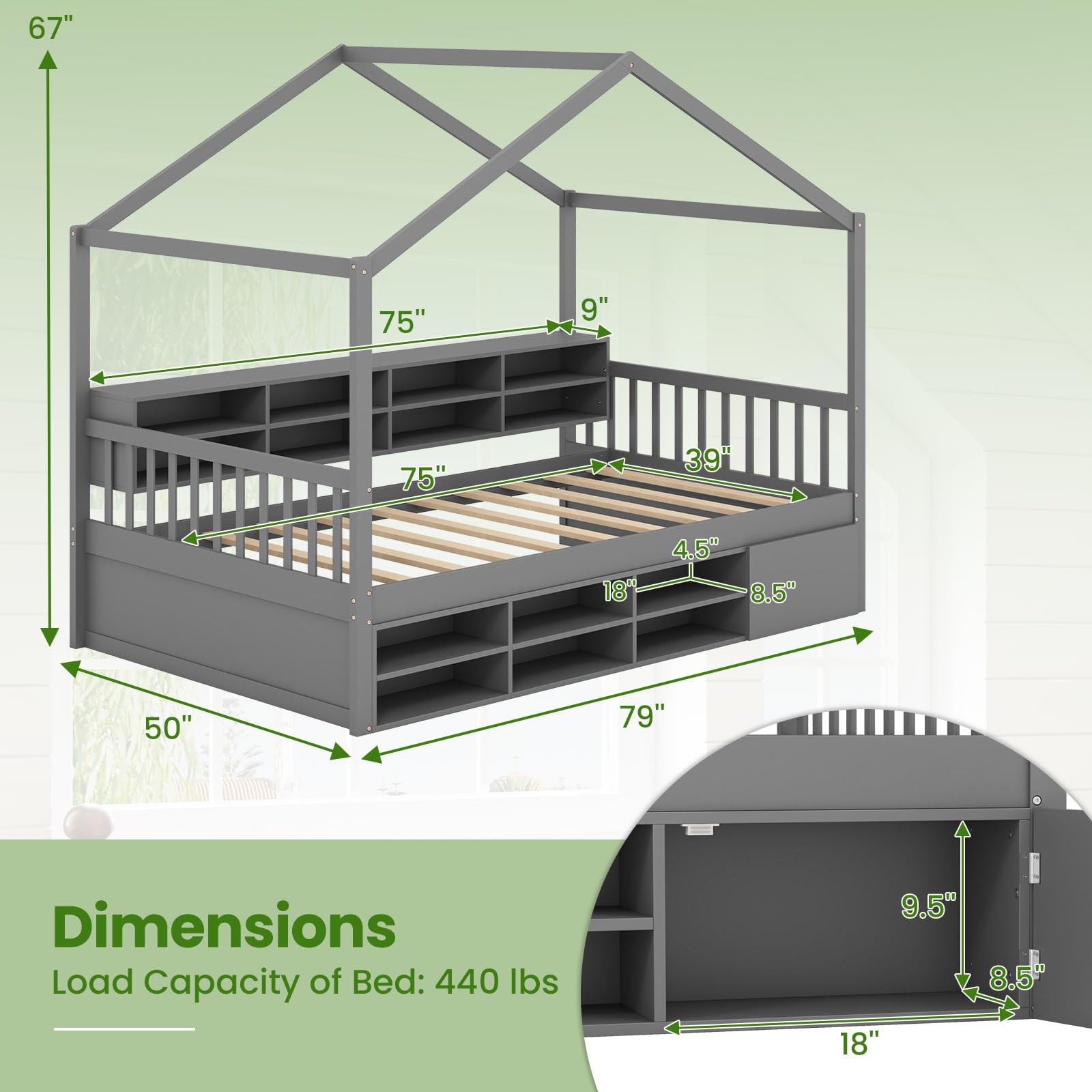 KOMFOTT Twin Size House Bed with Storage, Wooden Montessori House Bed with 14 Storage Cubes, Enclosed Cabinet, Wood Slats & Fencing