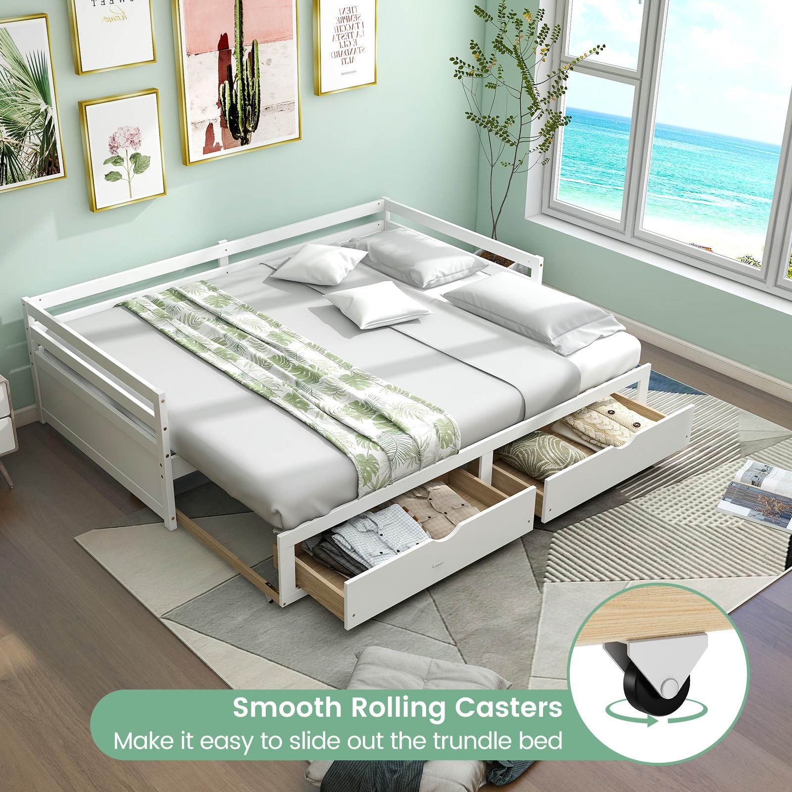 KOMFOTT Wood Daybed with Trundle, Extendable Twin to King Daybed Frame with 2 Storage Drawers