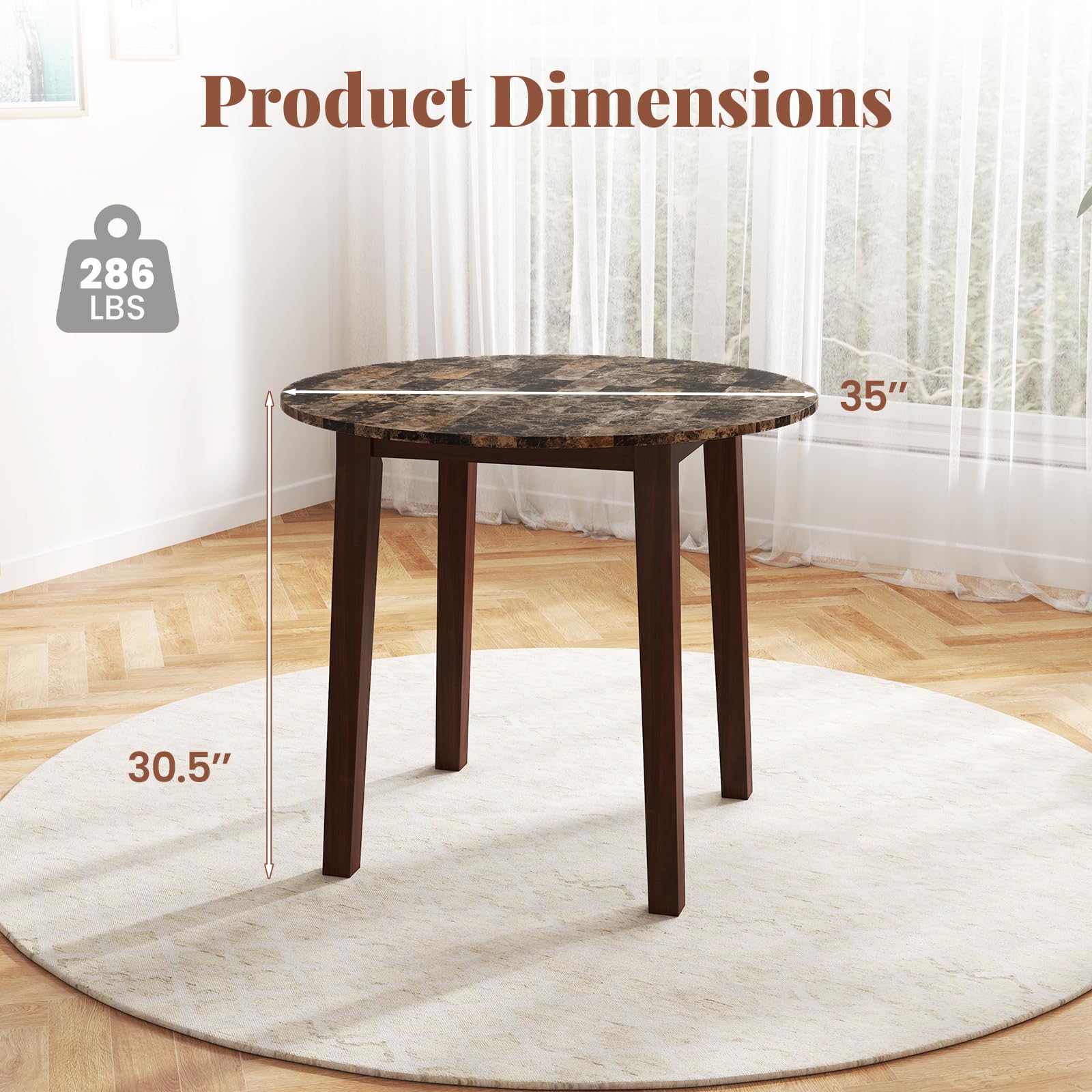 KOMFOTT 35” Round Dining Table - Kitchen Table with Rubber Wood Legs, Marble-Textured Veneer Tabletop