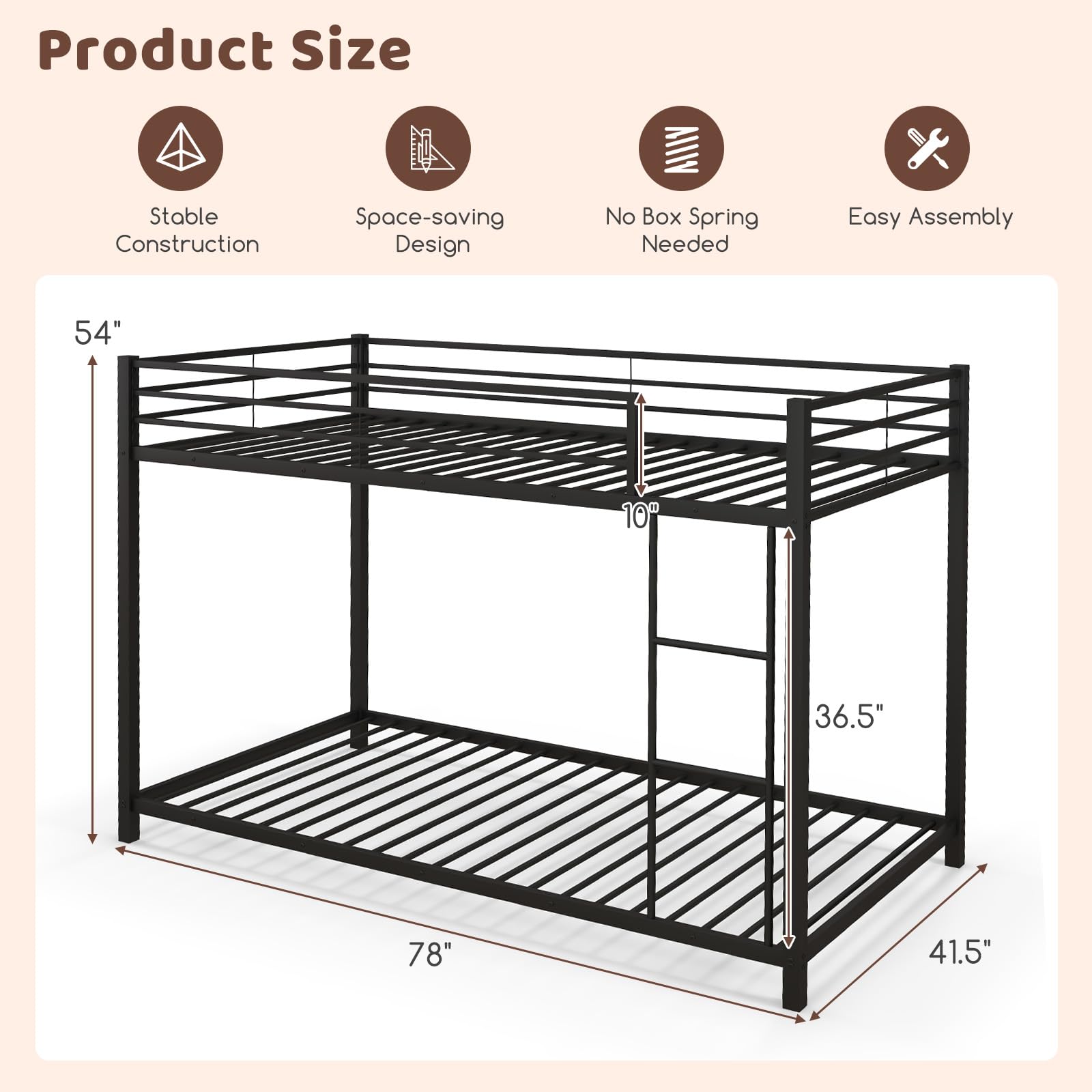 KOMFOTT Metal Bunk Bed Twin Over Twin, Classic Bunk Bed Frame with Safety Guard Rails & Side Ladder