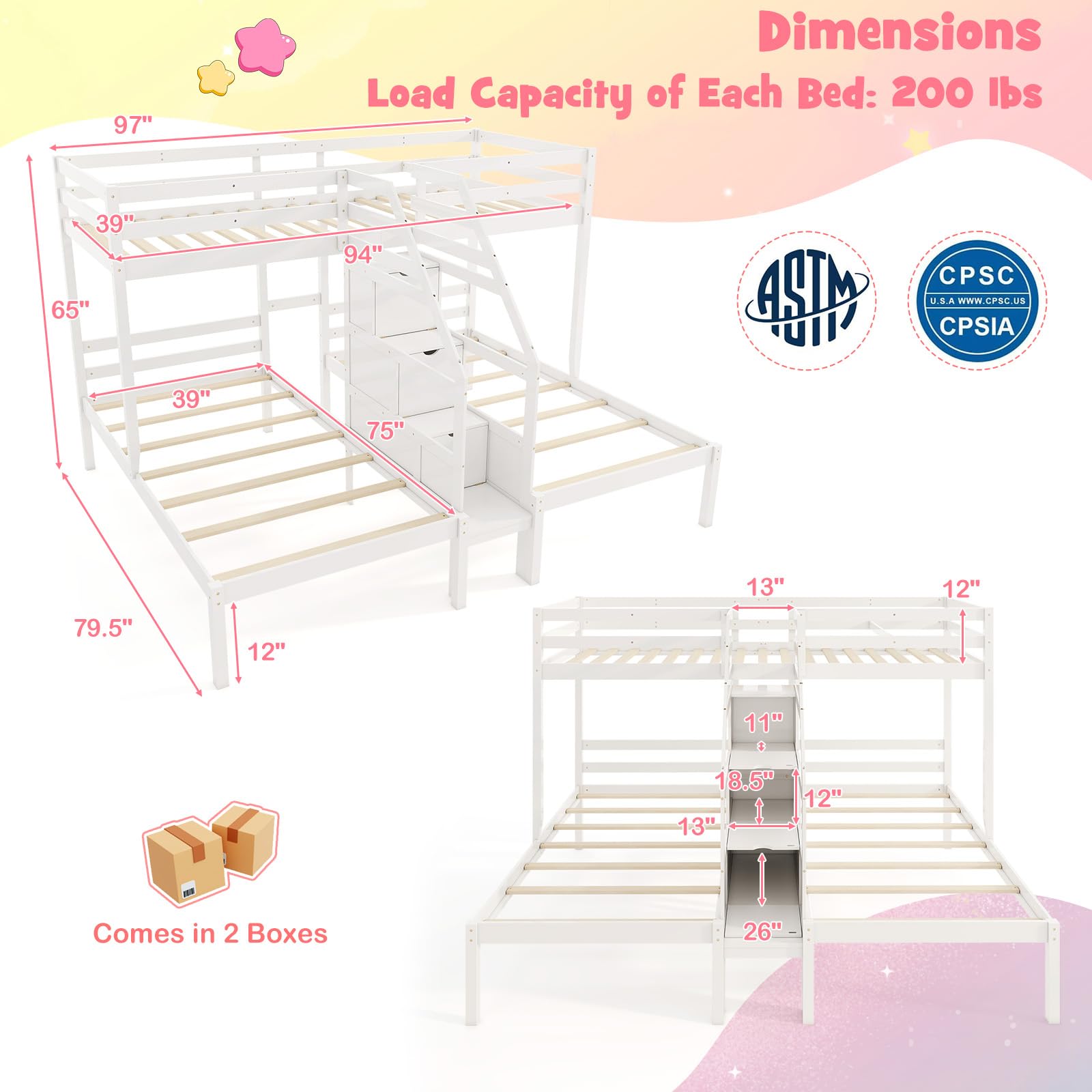 KOMFOTT Twin Over Twin & Twin Bunk Bed, Triple Bunk Beds with 4-Step Storage Stair, Guardrail & Solid Wood Structure