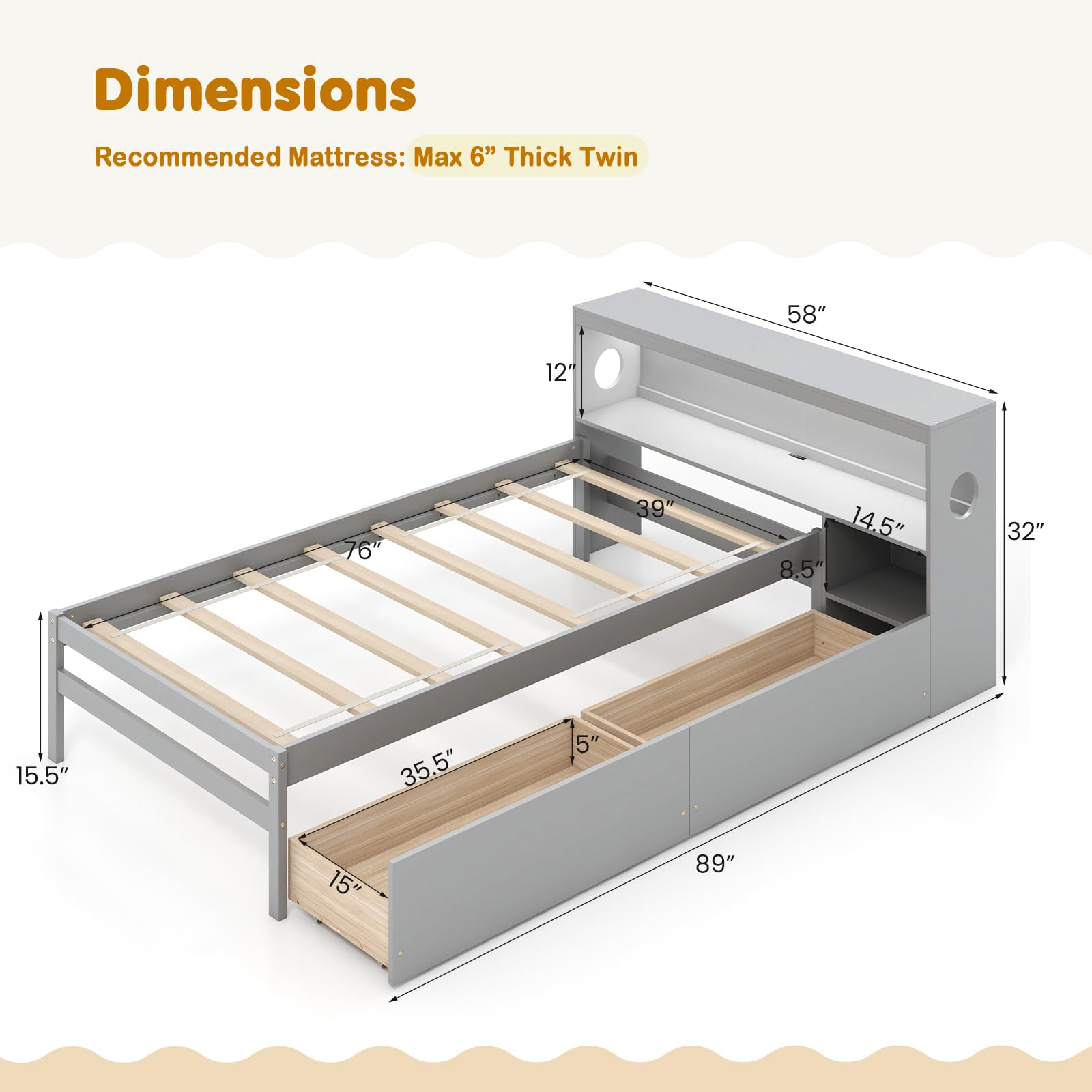 KOMFOTT Twin Wood Platform Daybed with 2 Drawers & Charging Station