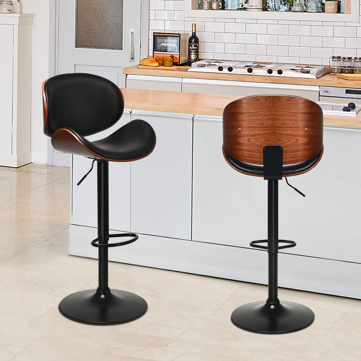 KOMFOTT Bar Stools Set of 2/4, Adjustable Swivel Bentwood Barstools with Back, Large Iron Base, 360 Degree PU Leather Seat and Curved Footrest