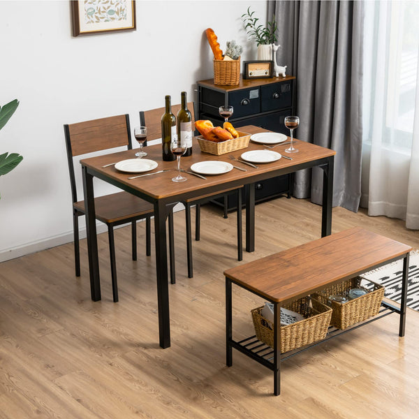 KOMFOTT Dining Table Set for 4, Industrial Gathering Bench Dining Set W/Metal Frame & Storage Rack