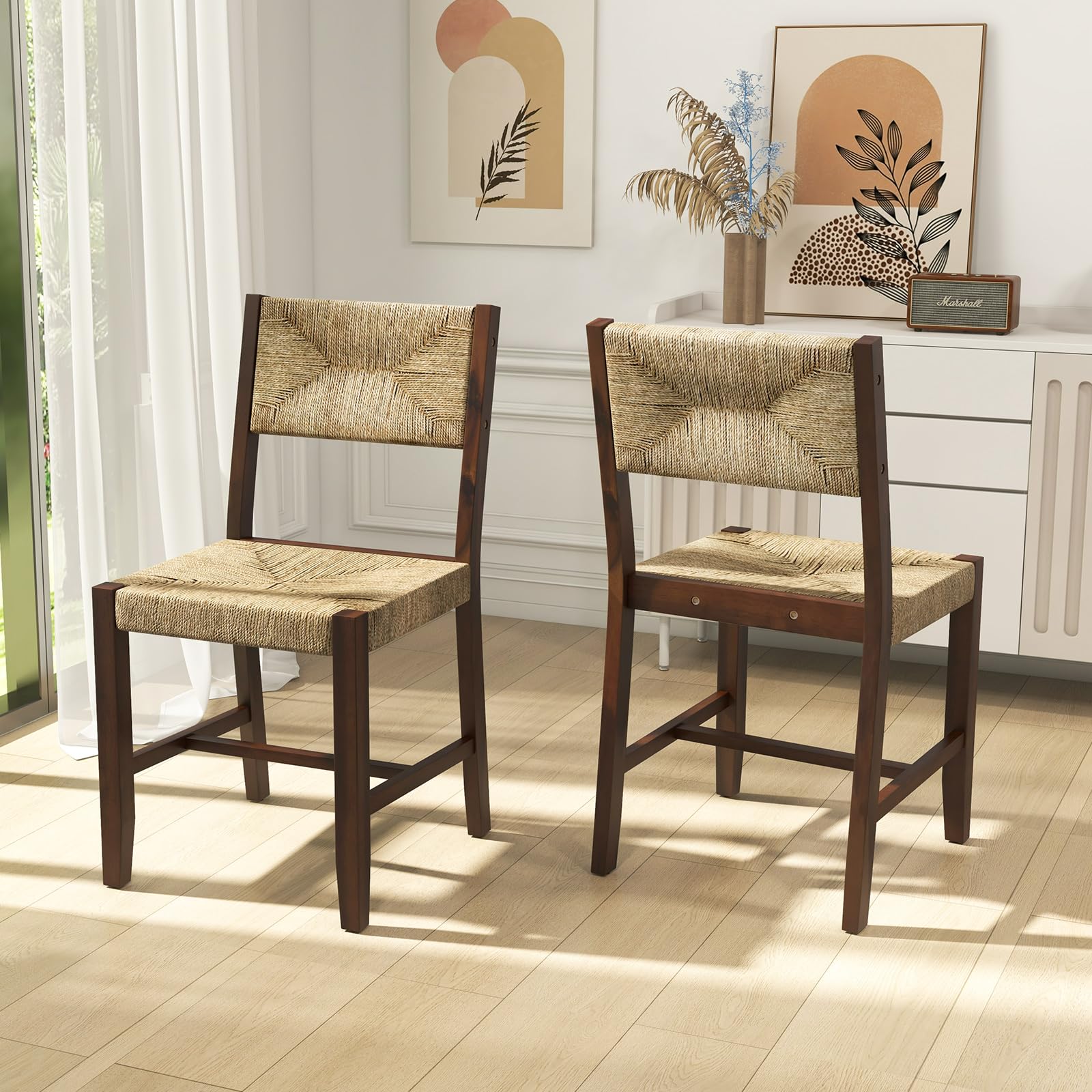 KOMFOTT Rattan Dining Chairs Set of 4, Farmhouse Cane Side Chairs w/Woven Seaweed Backrest & Seat