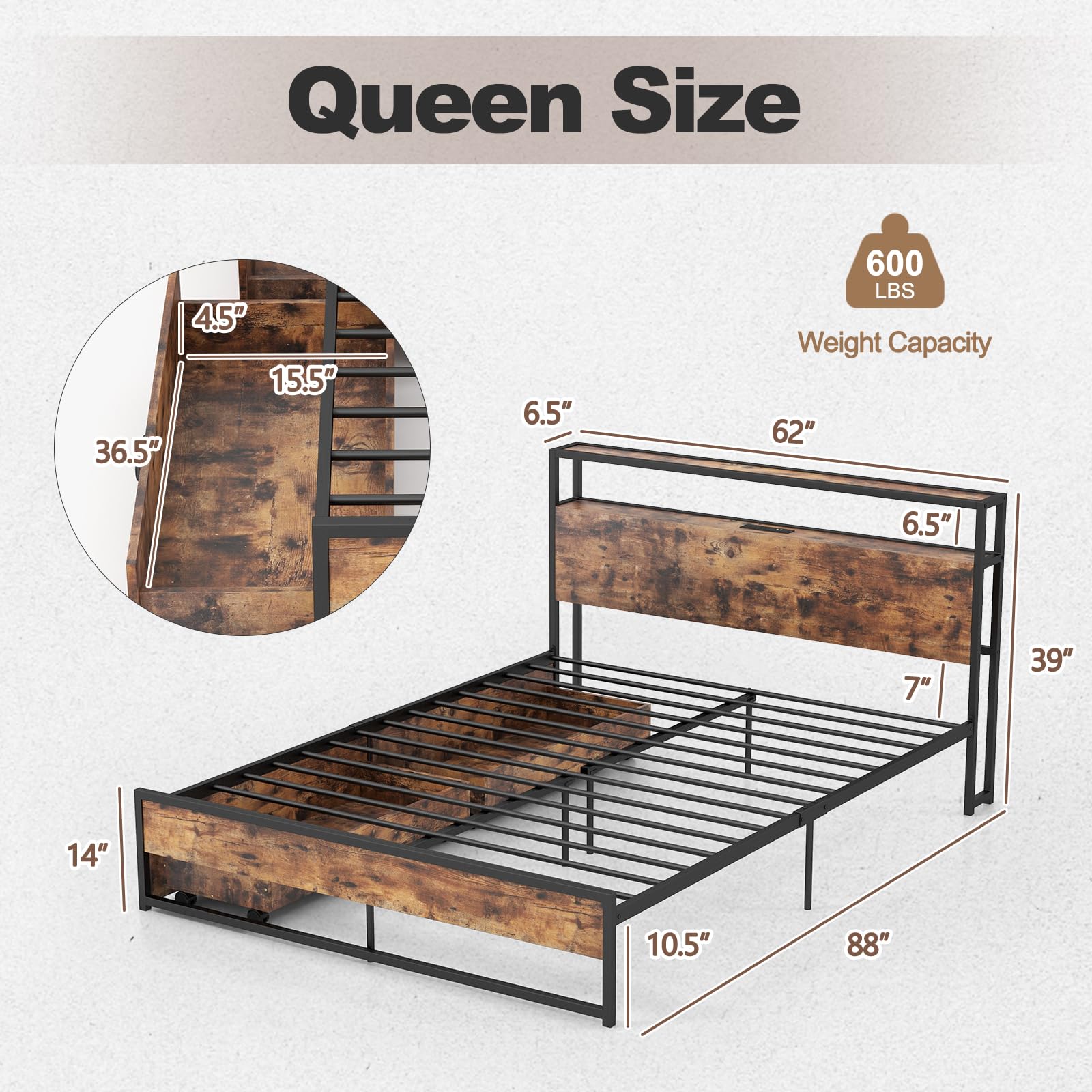 KOMFOTT Bed Frame with 2 Storage Drawers and Charging Station，Rustic Metal Slats Support Mattress Foundation