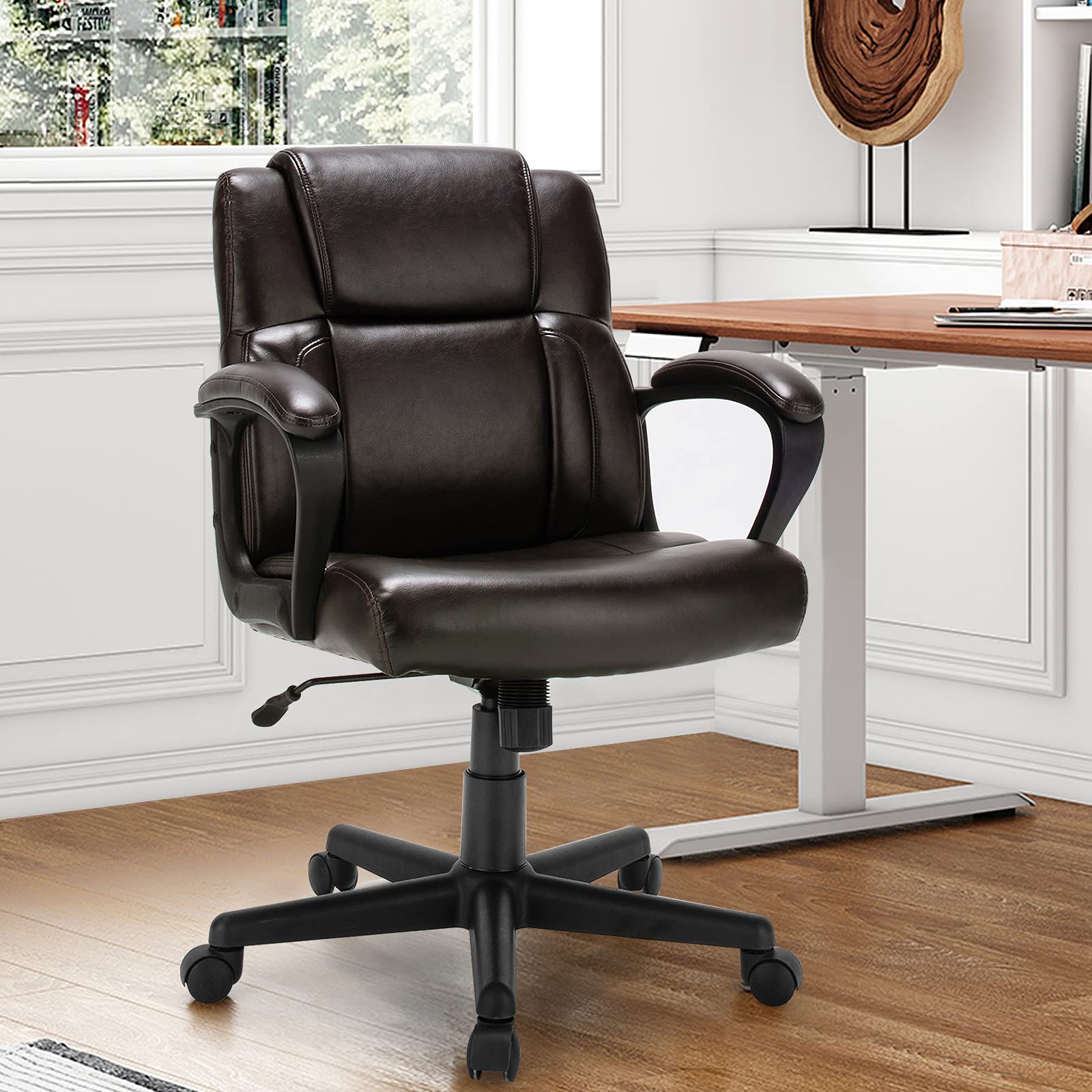 KOMFOTT Leather Modern Executive Chair, Ergonomic Mid Back Computer Desk Chair w/Padded Armrests