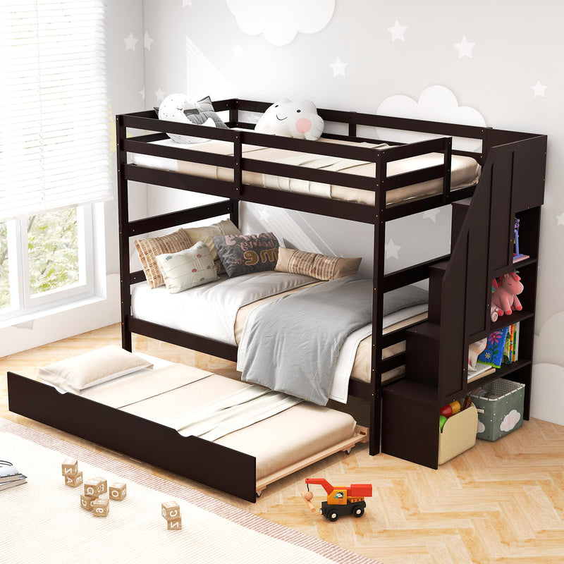 KOMFOTT Wood Twin Over Twin Bunk Bed with Trundle & Storage Stairs, Convertible to 2 Separated Beds