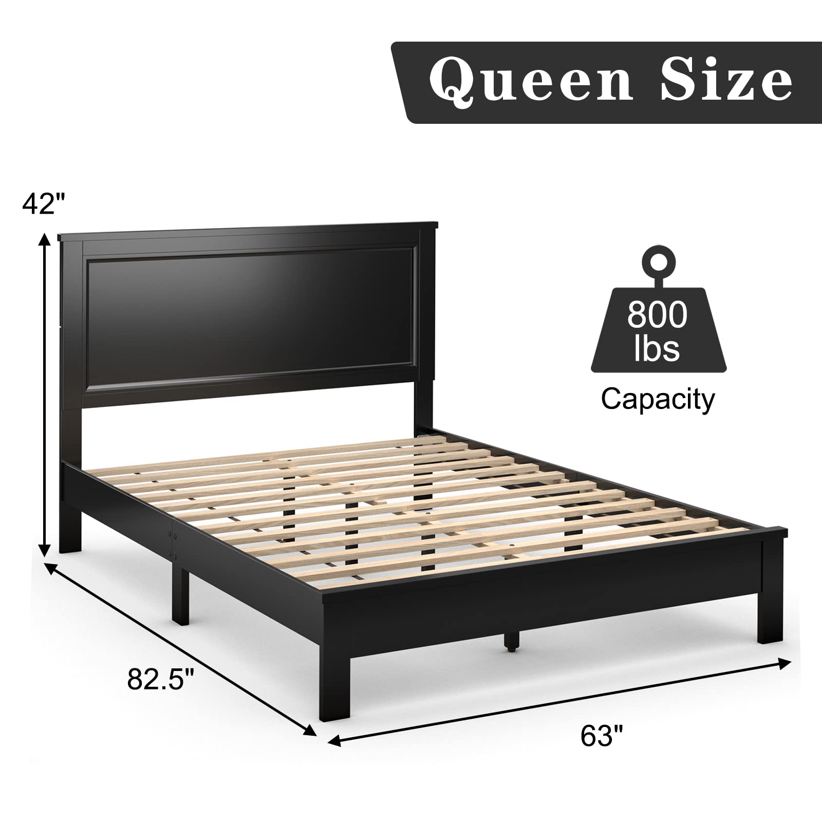 KOMFOTT Wood Platform Bed Frame with Headboard, Wooden Slat Support & Under Bed Storage