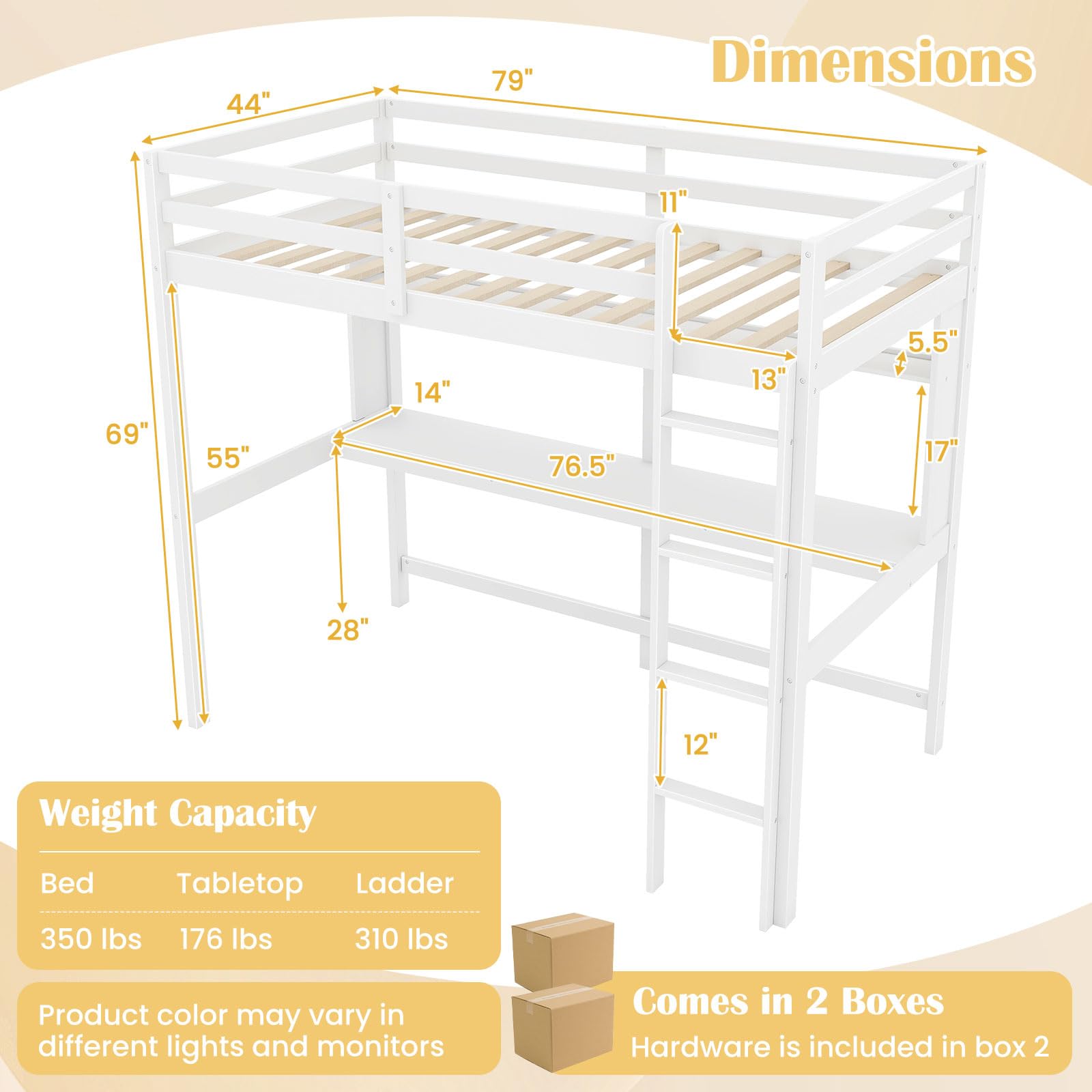 KOMFOTT Twin Loft Bed with Desk and Bookshelf, Solid Wood Loft Bed Frame with Full Length Safety Guardrail & Ladder