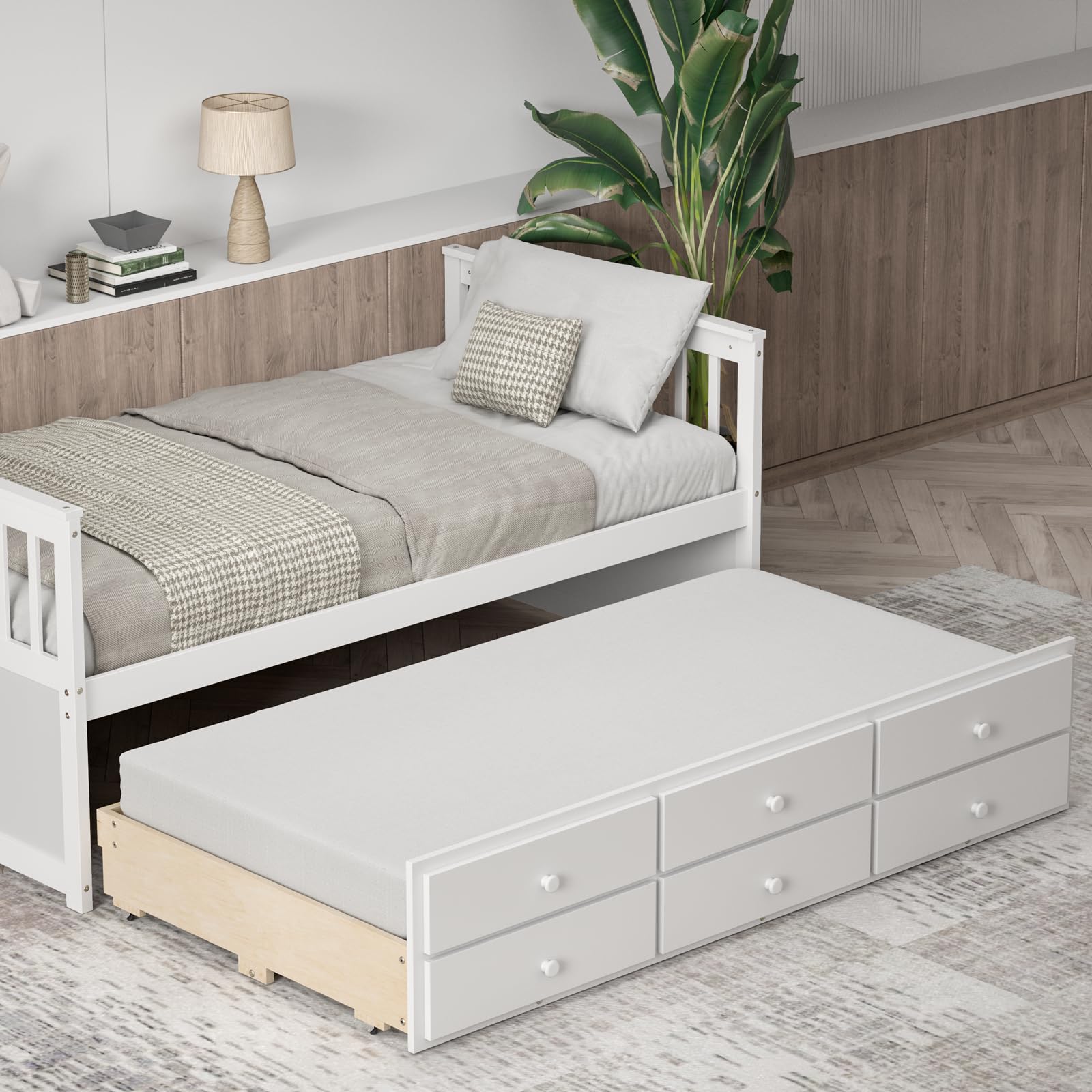 KOMFOTT Twin Size Wooden Captain Daybed with Drawers and Trundle Bed