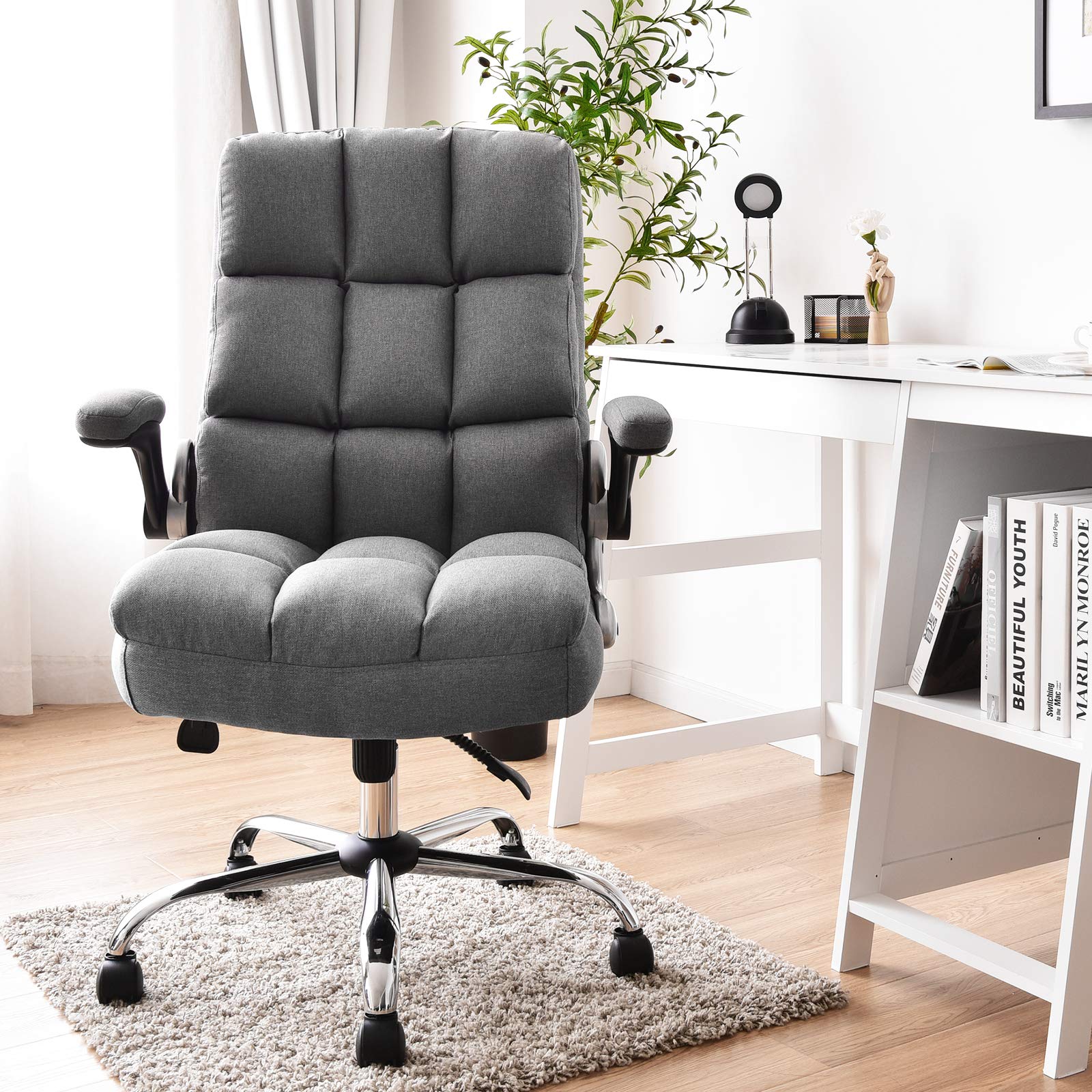 KOMFOTT Executive Office Chair, Adjustable Tilt Angle and Flip-up Armrest Linen Fabric Upholstered Chair with Thick Padding