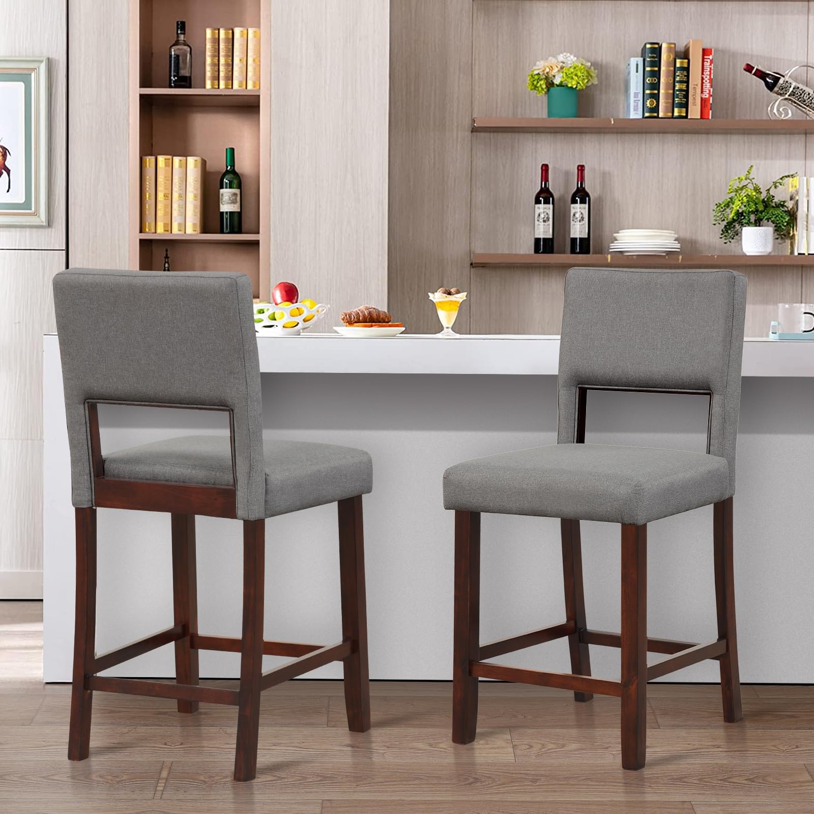 KOMFOTT 24.5" Counter Height Bar Stools Set of 2, Linen Barstools with Back, Rubber Wood Legs