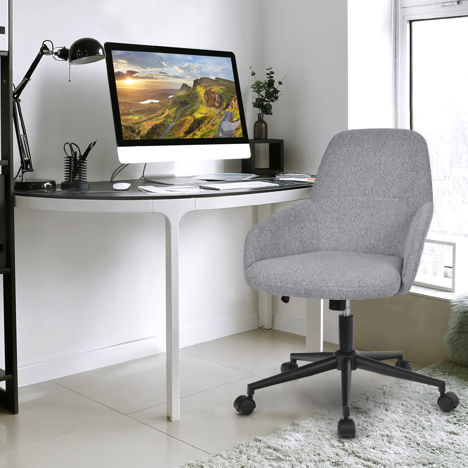 KOMFOTT Fabric Office Chair, Upholstered Linen Leisure Chair, Ergonomic Desk Chair w/Rocking Backrest