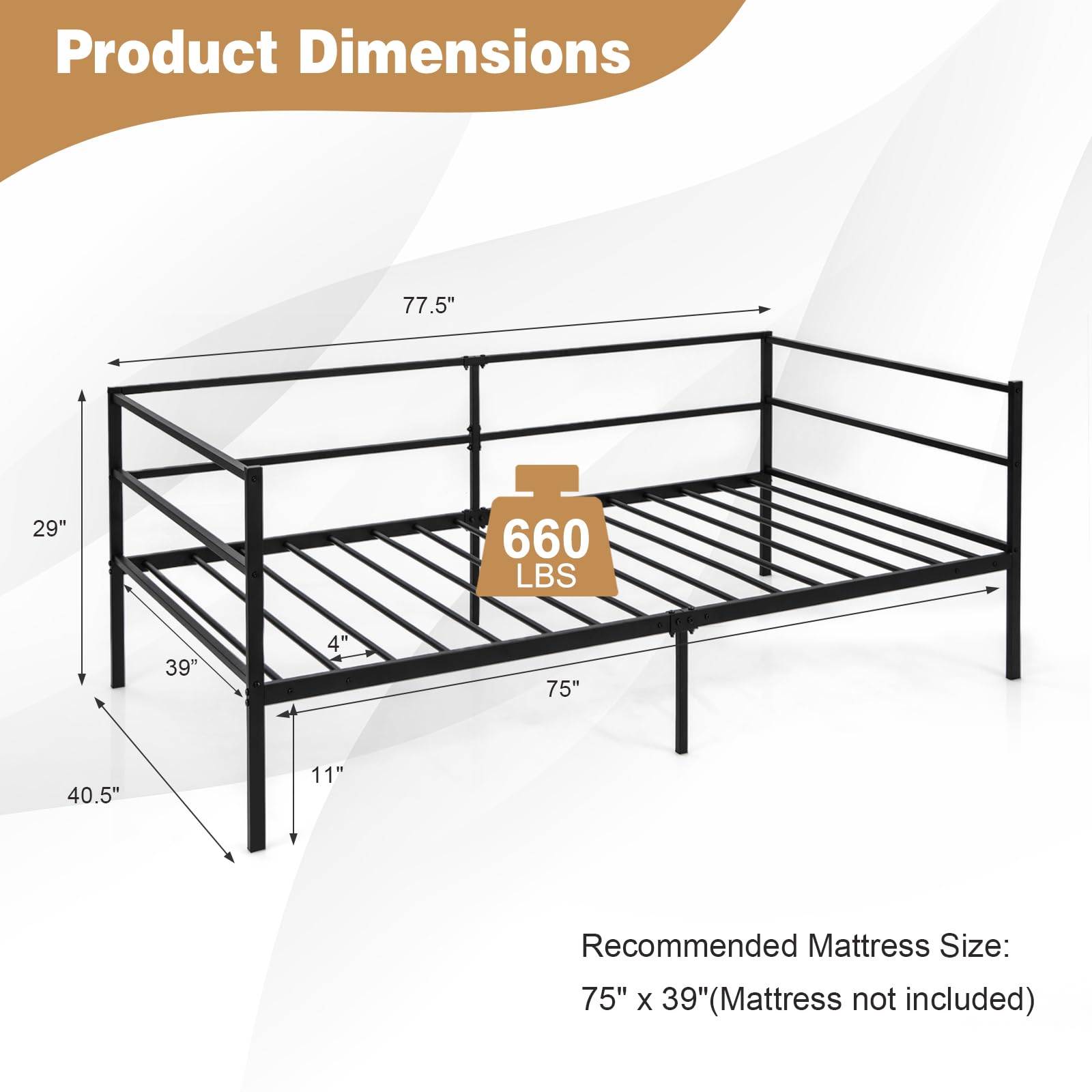 KOMFOTT Metal Twin Daybed with Heavy Duty Slat Support, Space Saving Sofa Bed