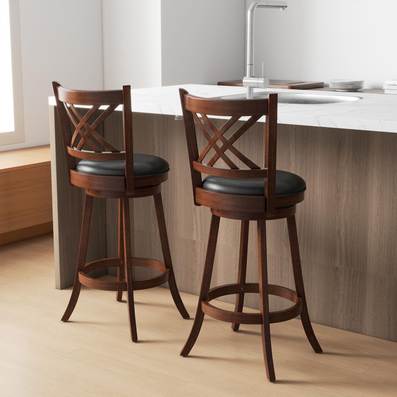 KOMFOTT 360° Swivel Barstools Set of 2/4, 29" Bar Height Bar Chairs with Back & Footrest