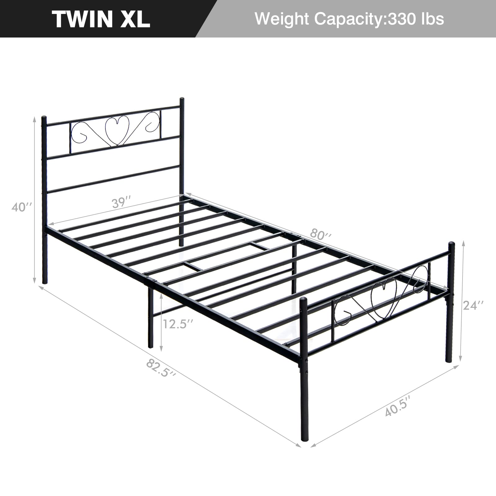 KOMFOTT Twin XL Metal Bed Frame with Heart-Shaped Headboard & Footboard