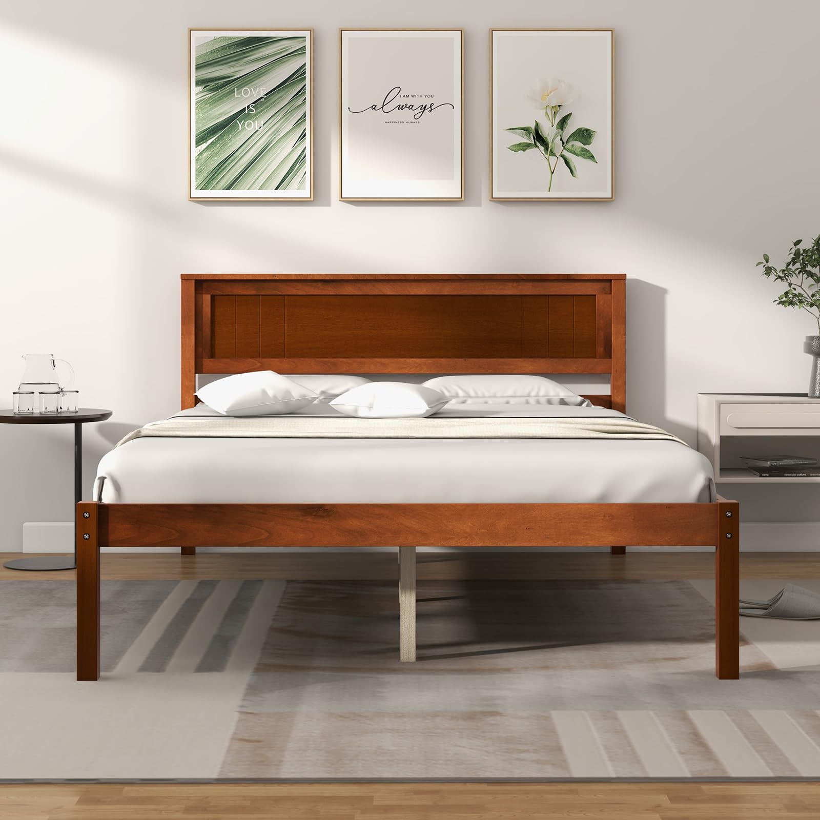 KOMFOTT Wooden Platform Bed Frame with Headboard & Wood Slat Support