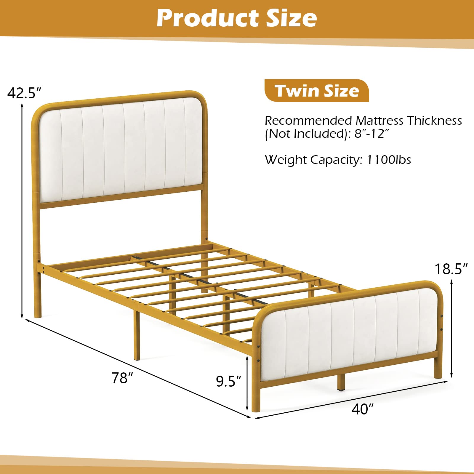 KOMFOTT Gold Metal Bed Frame, Heavy-Duty Metal Mattress Foundation with Velvet Headboard and Footboard