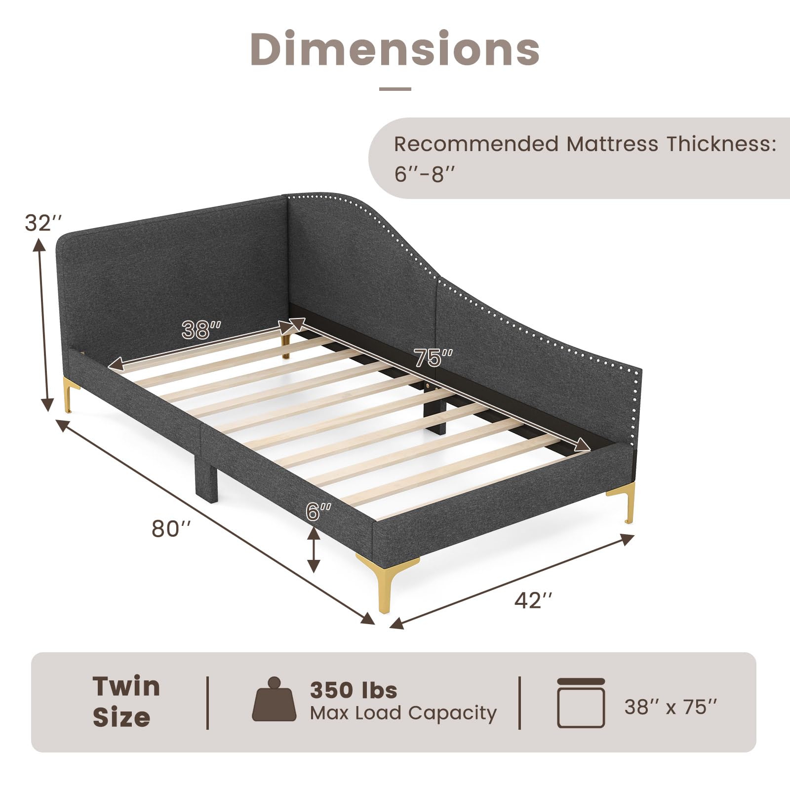 KOMFOTT Rivet-Tufted Platform Bed Frame with Headboard, Metal Legs & Wood Slats, L-Shaped Corner Sofa Bed