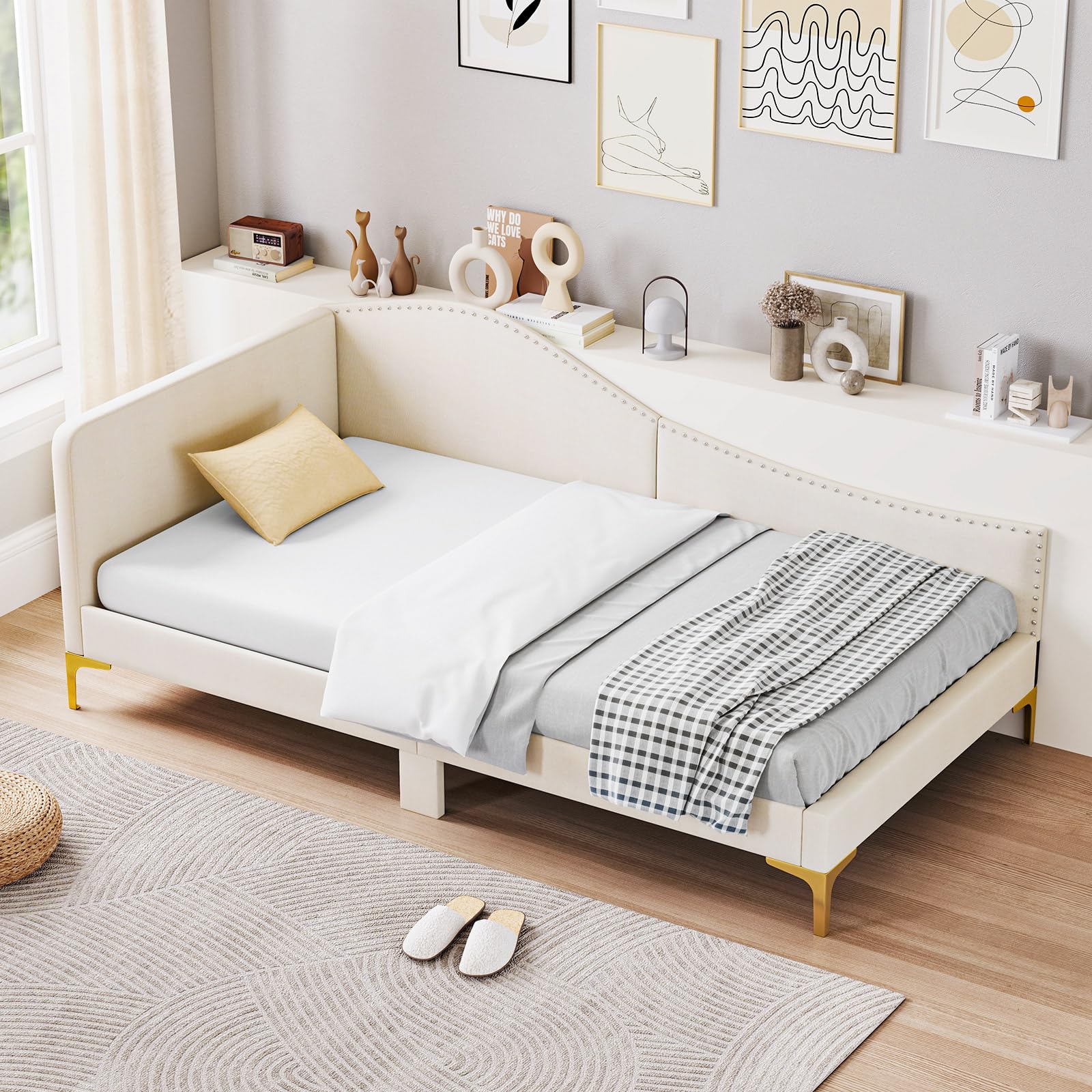 KOMFOTT Rivet-Tufted Platform Bed Frame with Headboard, Metal Legs & Wood Slats, L-Shaped Corner Sofa Bed